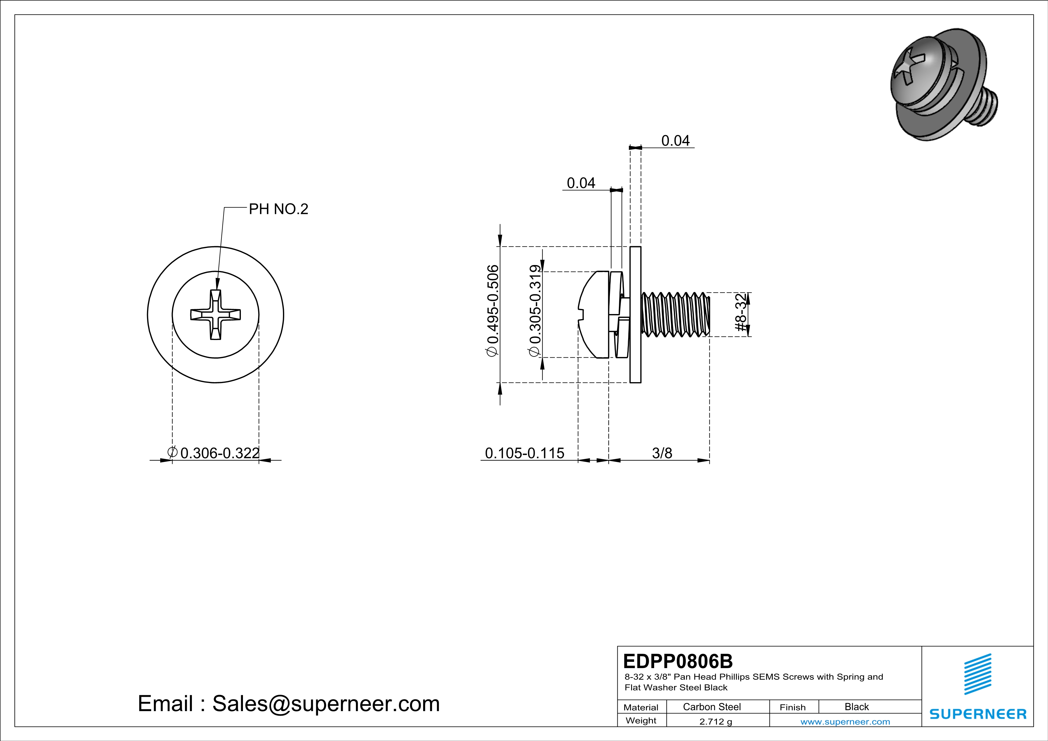 8-32 x 3/8" Pan Head Phillips SEMS Screws with Spring and Flat Washer Steel Black