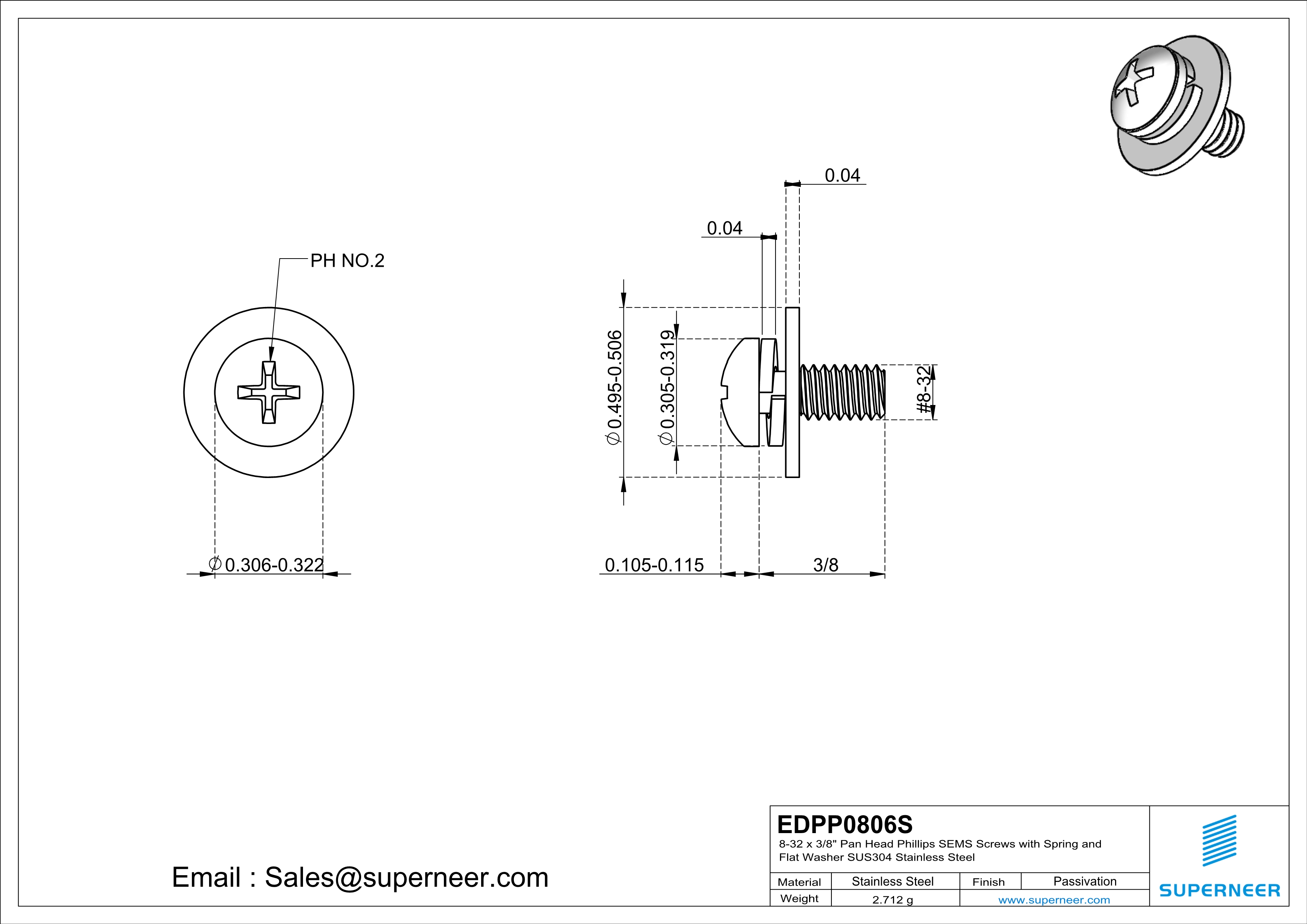 8-32 x 3/8" Pan Head Phillips SEMS Screws with Spring and Flat Washer SUS304 Stainless Steel Inox