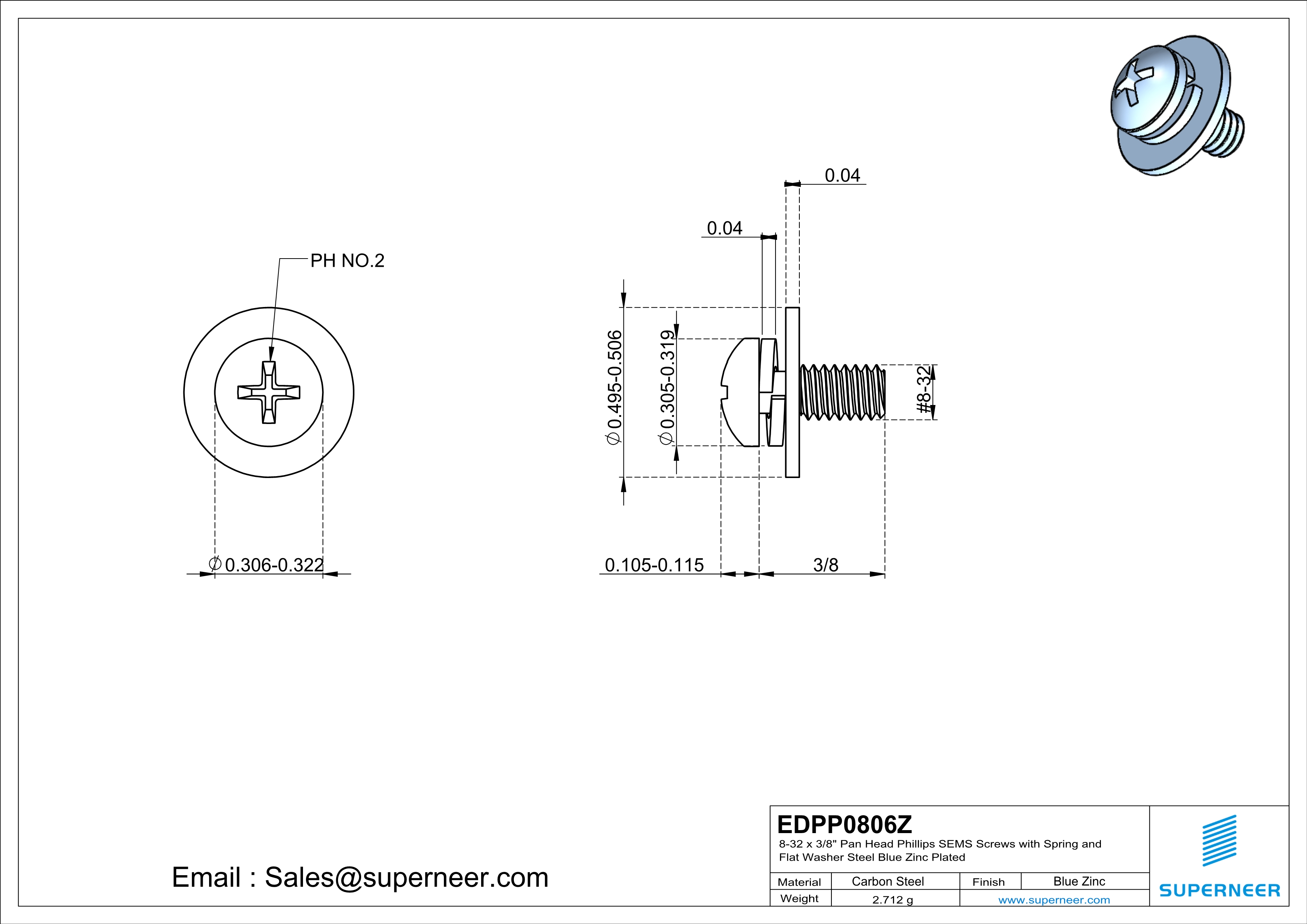 8-32 x 3/8" Pan Head Phillips SEMS Screws with Spring and Flat Washer Steel Blue Zinc Plated