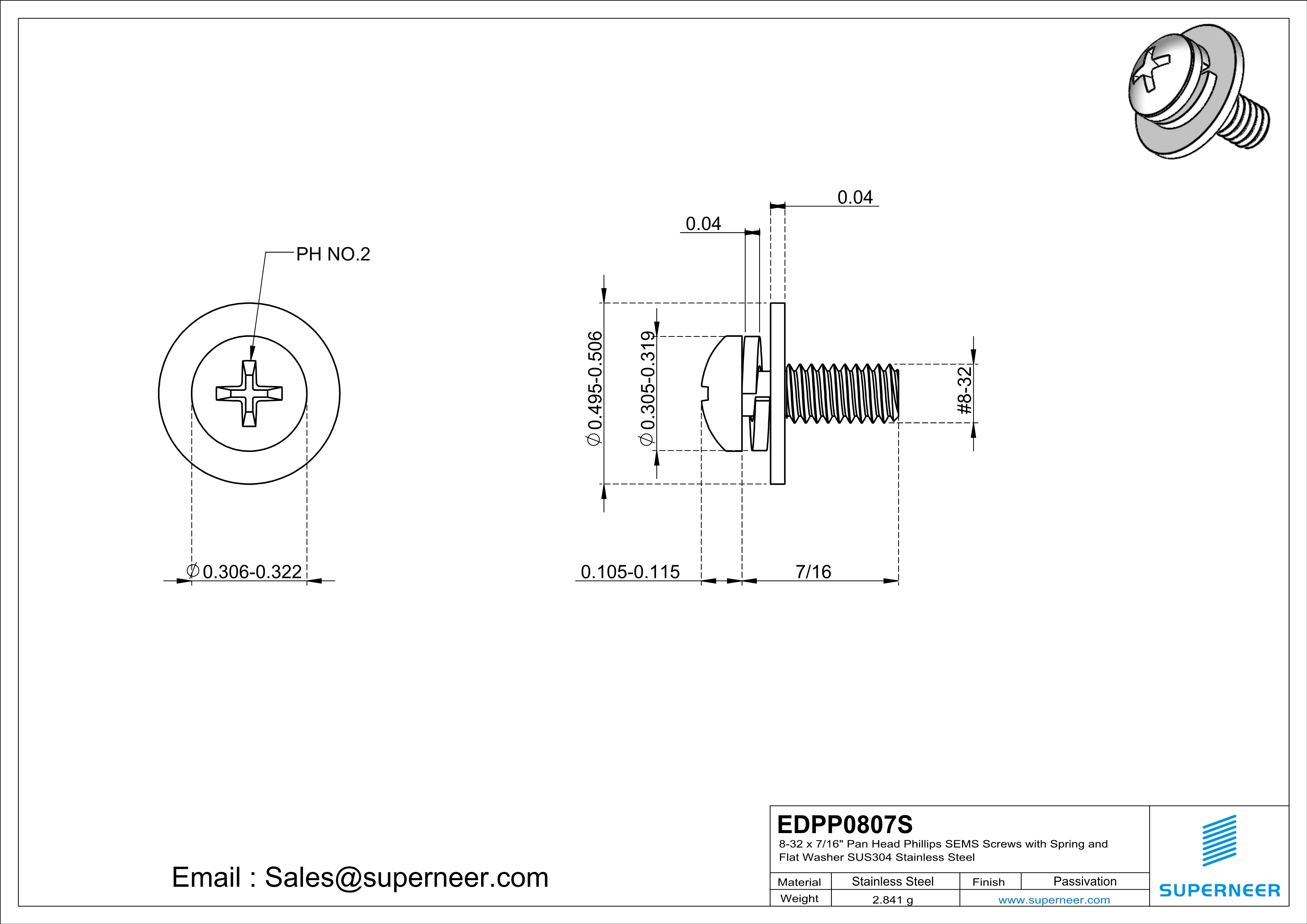 8-32 x 7/16" Pan Head Phillips SEMS Screws with Spring and Flat Washer SUS304 Stainless Steel Inox