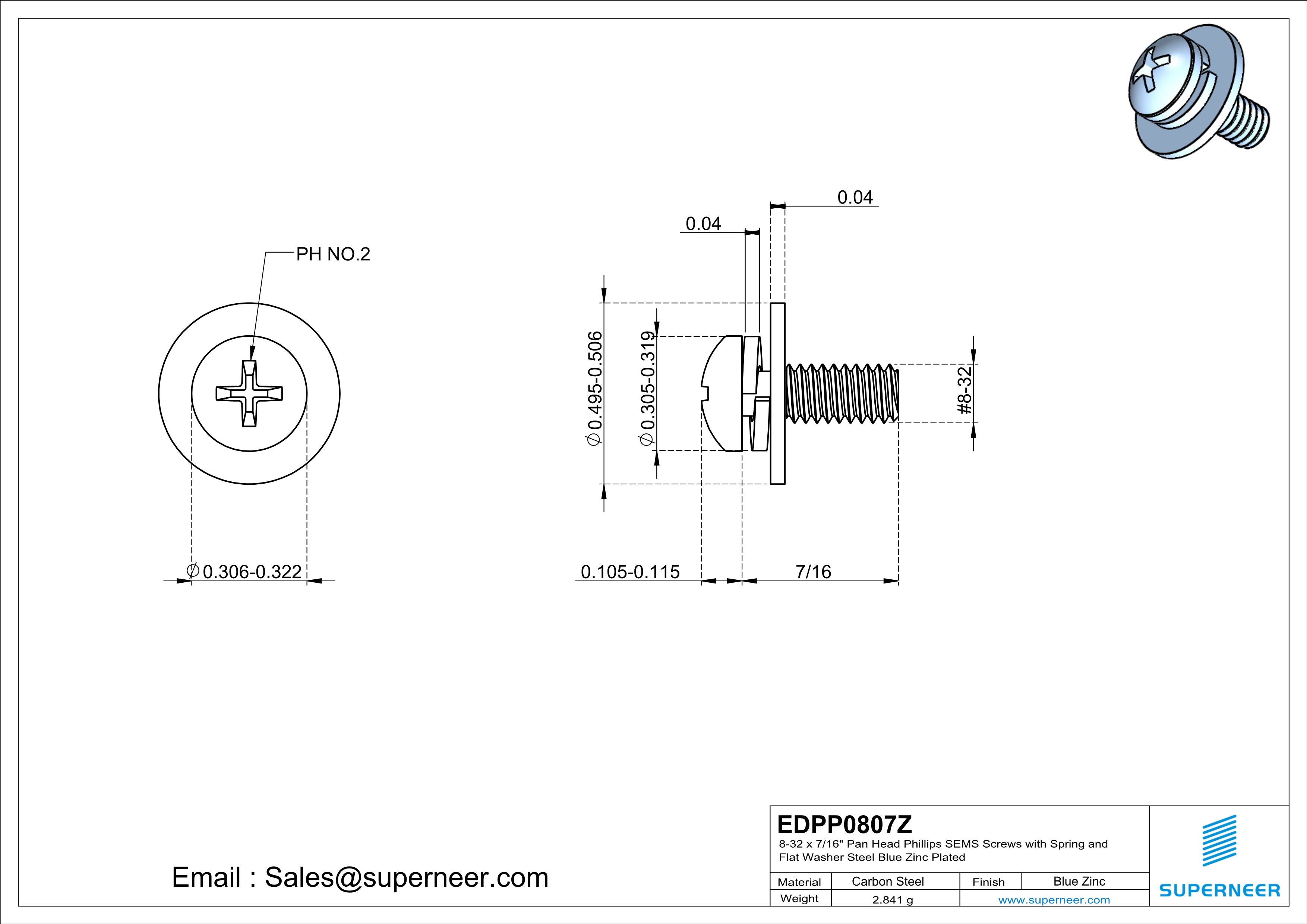 8-32 x 7/16" Pan Head Phillips SEMS Screws with Spring and Flat Washer Steel Blue Zinc Plated