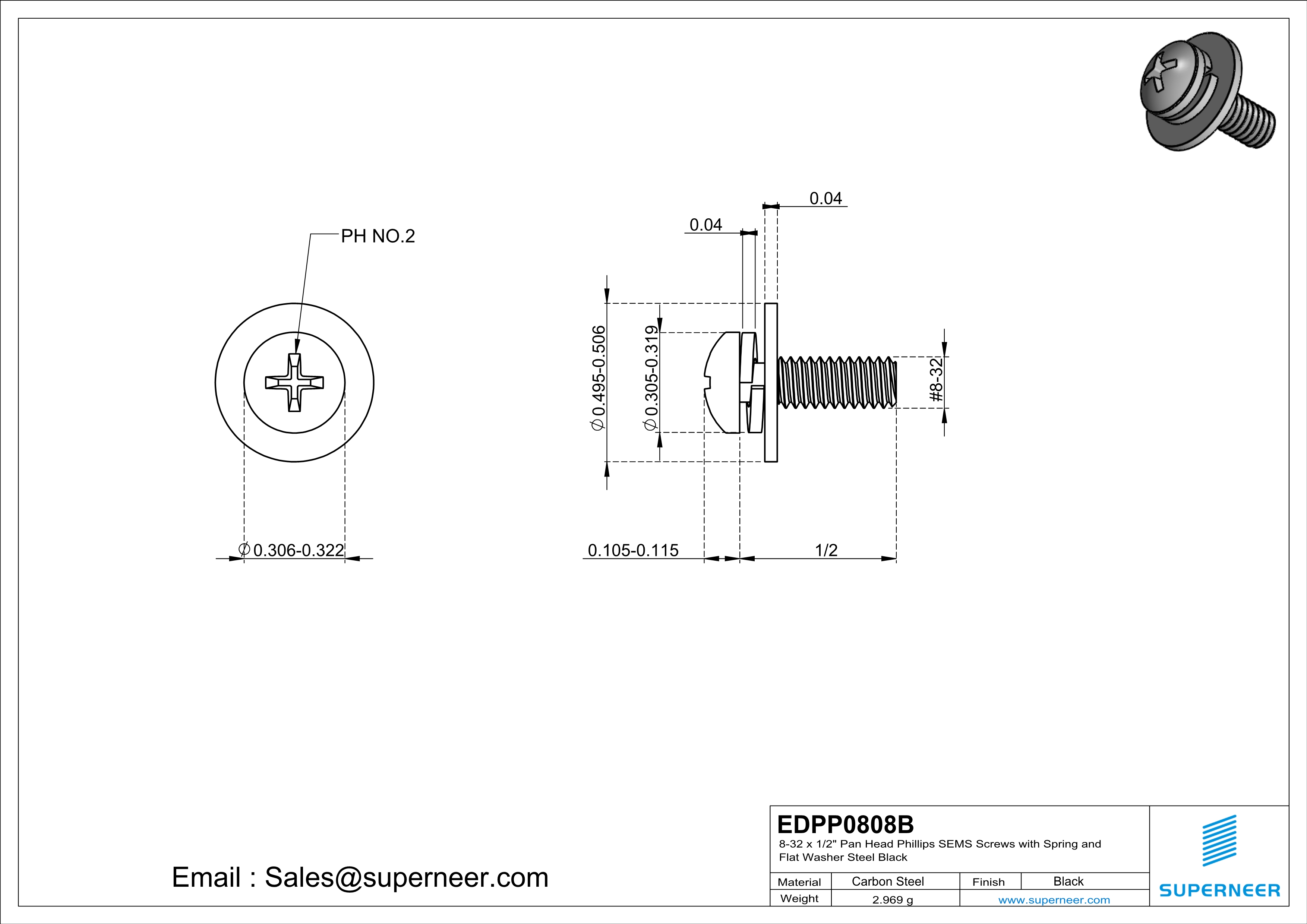 8-32 x 1/2" Pan Head Phillips SEMS Screws with Spring and Flat Washer Steel Black