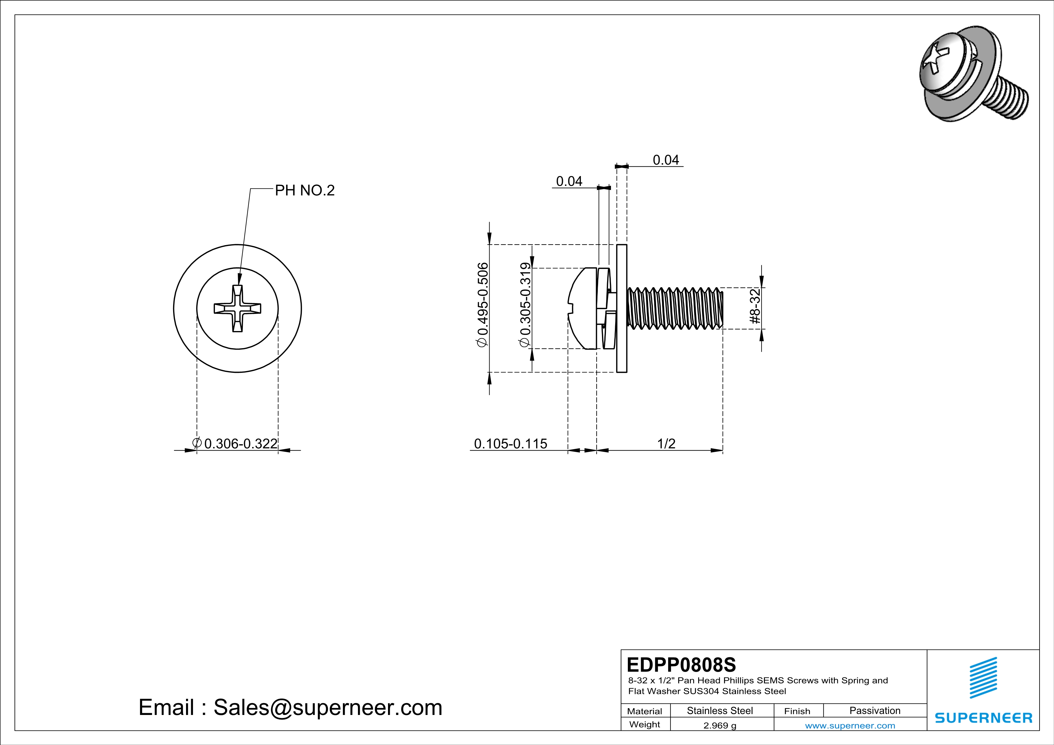 8-32 x 1/2" Pan Head Phillips SEMS Screws with Spring and Flat Washer SUS304 Stainless Steel Inox