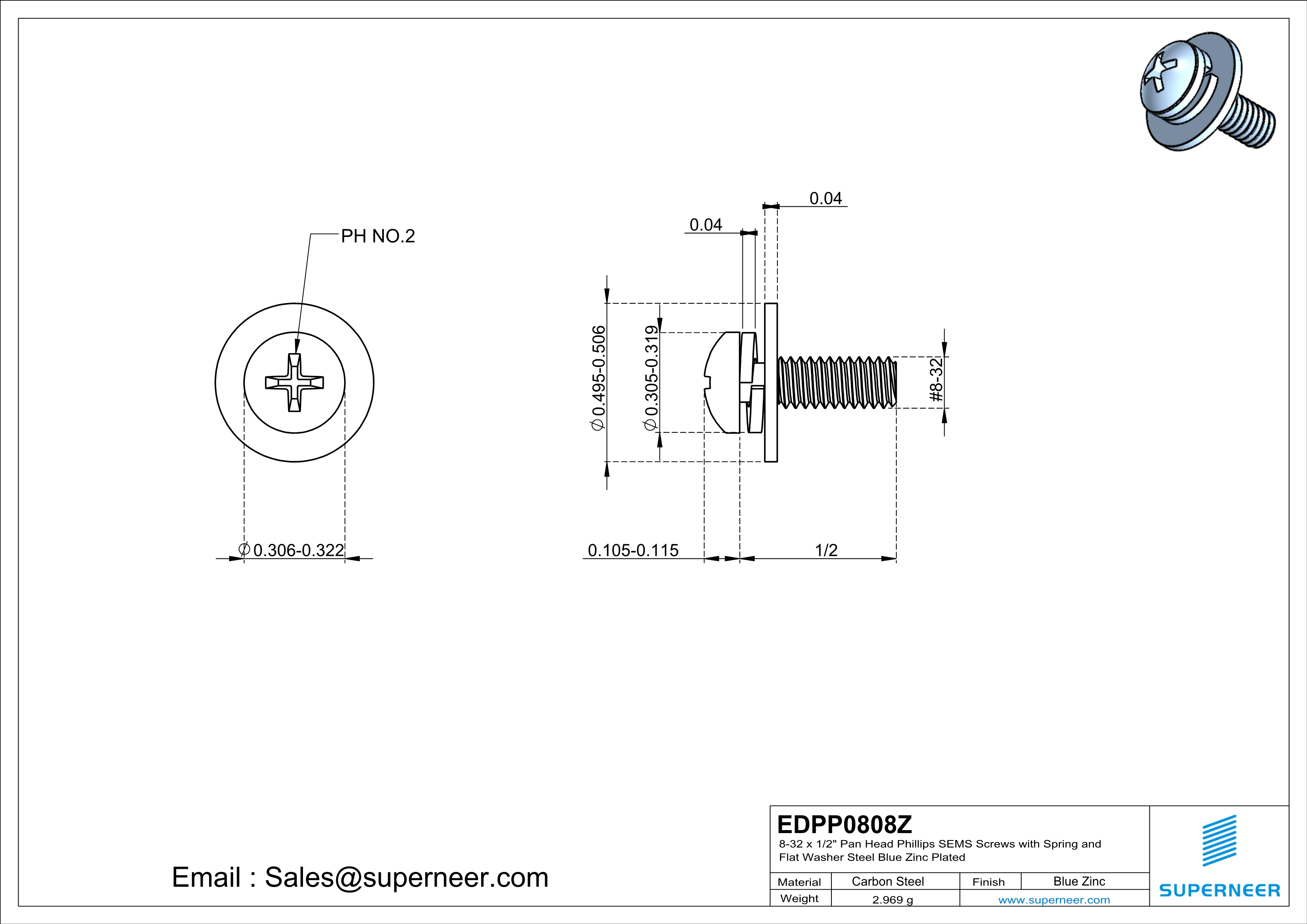 8-32 x 1/2" Pan Head Phillips SEMS Screws with Spring and Flat Washer Steel Blue Zinc Plated