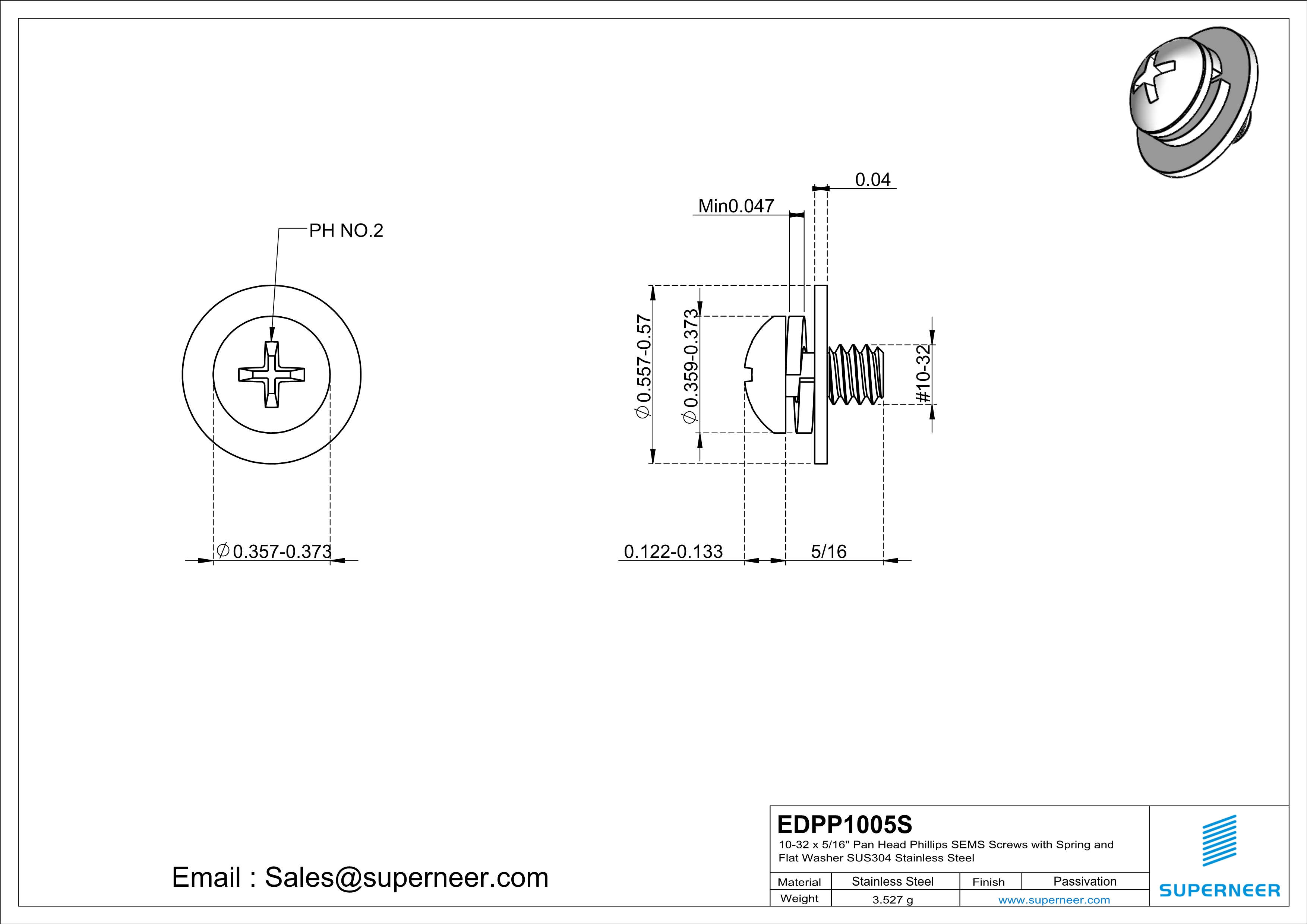 10-32 x 5/16" Pan Head Phillips SEMS Screws with Spring and Flat Washer SUS304 Stainless Steel Inox