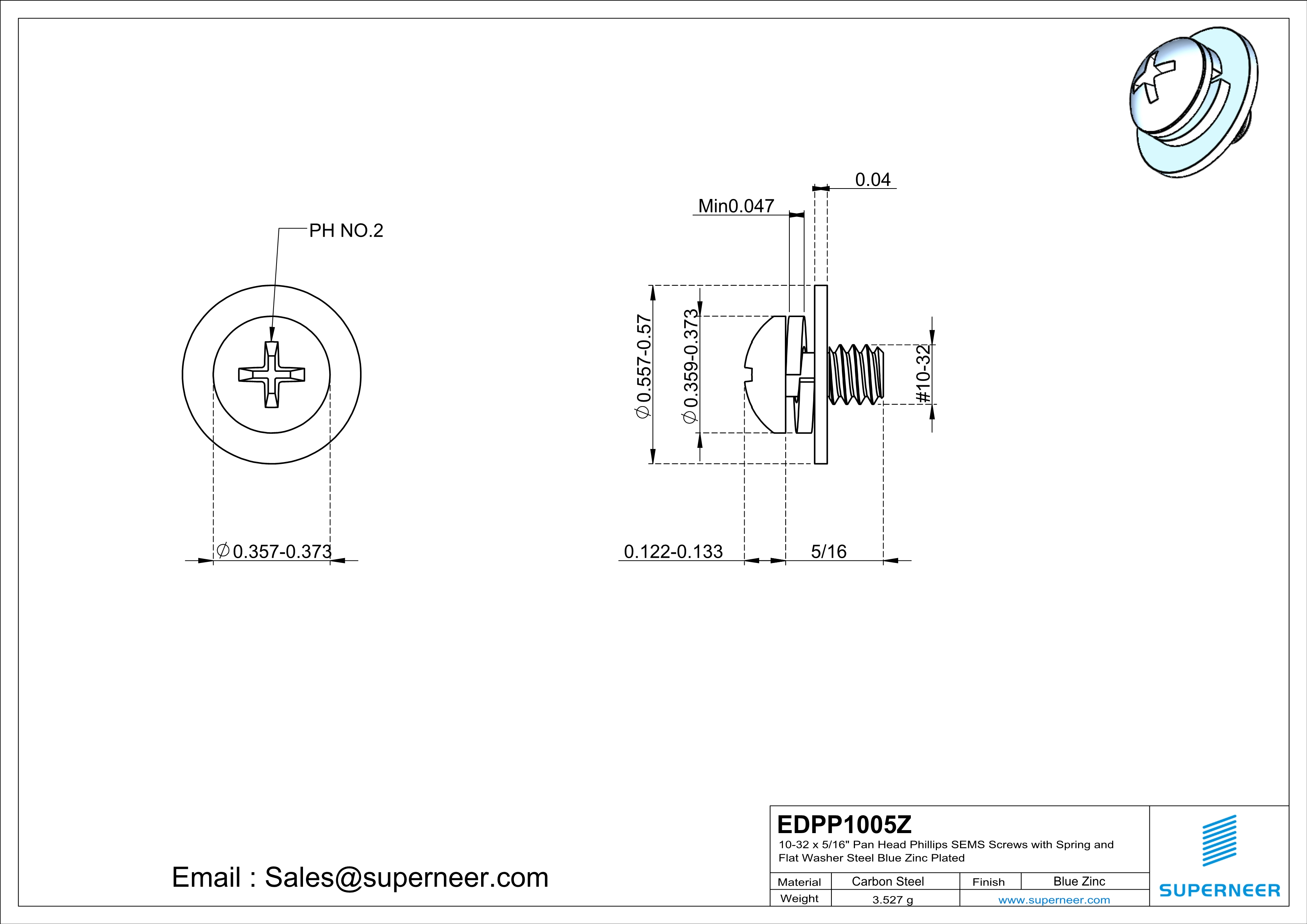 10-32 x 5/16" Pan Head Phillips SEMS Screws with Spring and Flat Washer Steel Blue Zinc Plated