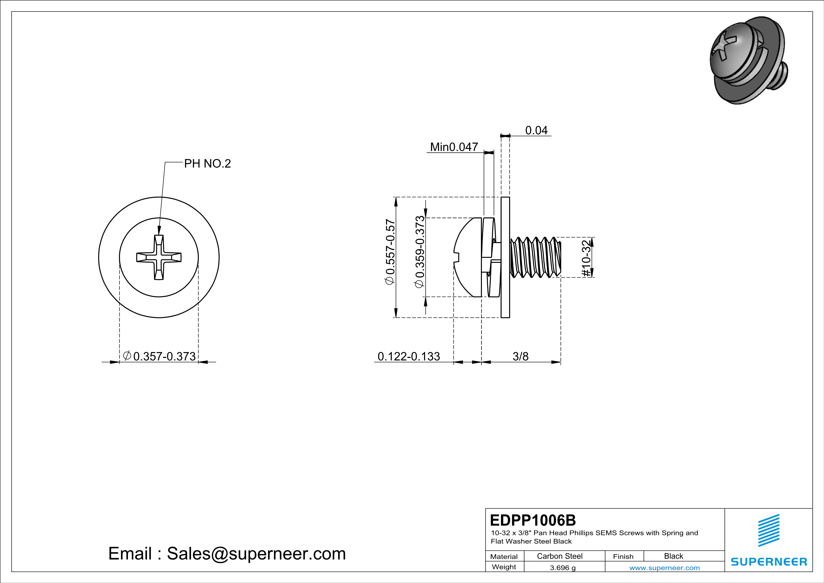 10-32 x 3/8" Pan Head Phillips SEMS Screws with Spring and Flat Washer Steel Black