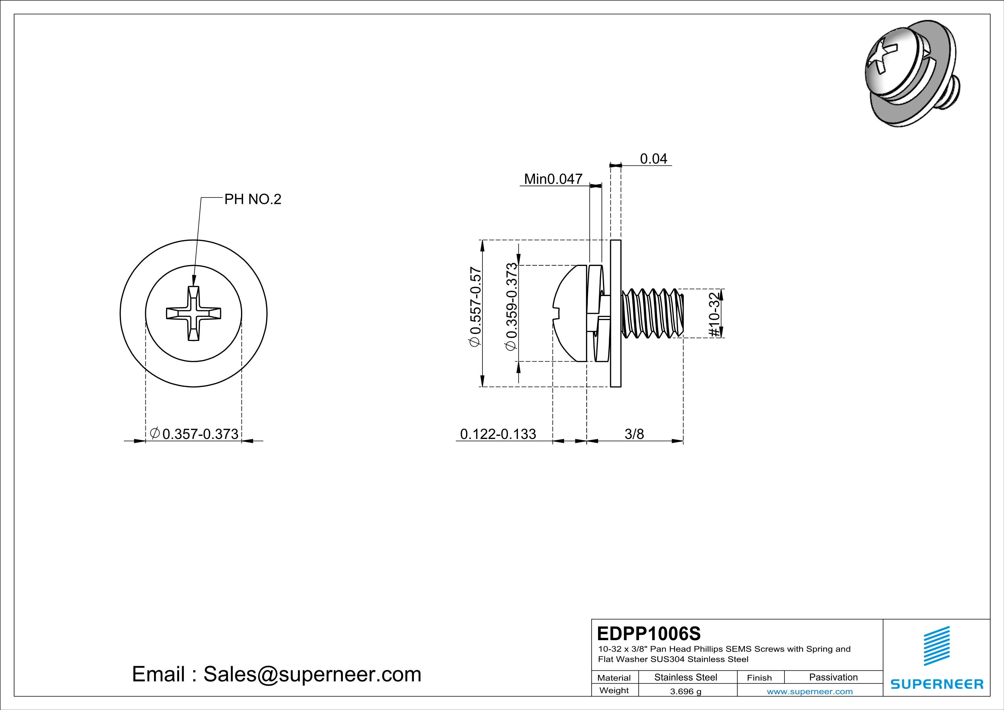 10-32 x 3/8" Pan Head Phillips SEMS Screws with Spring and Flat Washer SUS304 Stainless Steel Inox