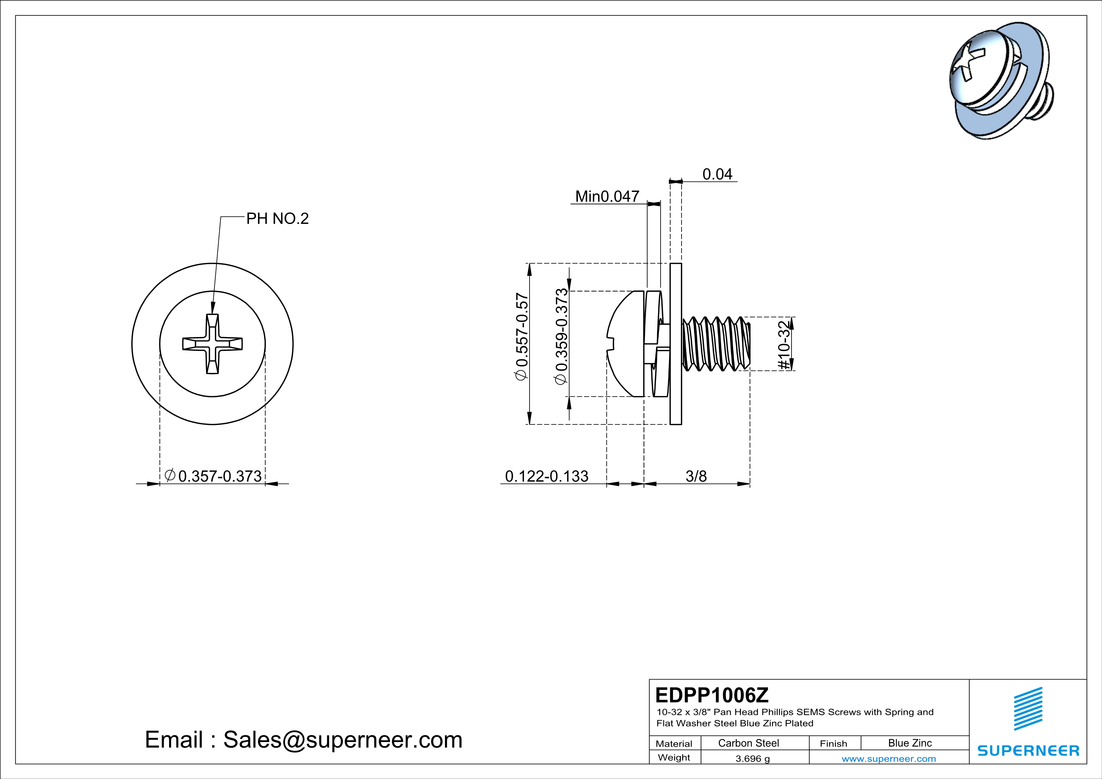 10-32 x 3/8" Pan Head Phillips SEMS Screws with Spring and Flat Washer Steel Blue Zinc Plated