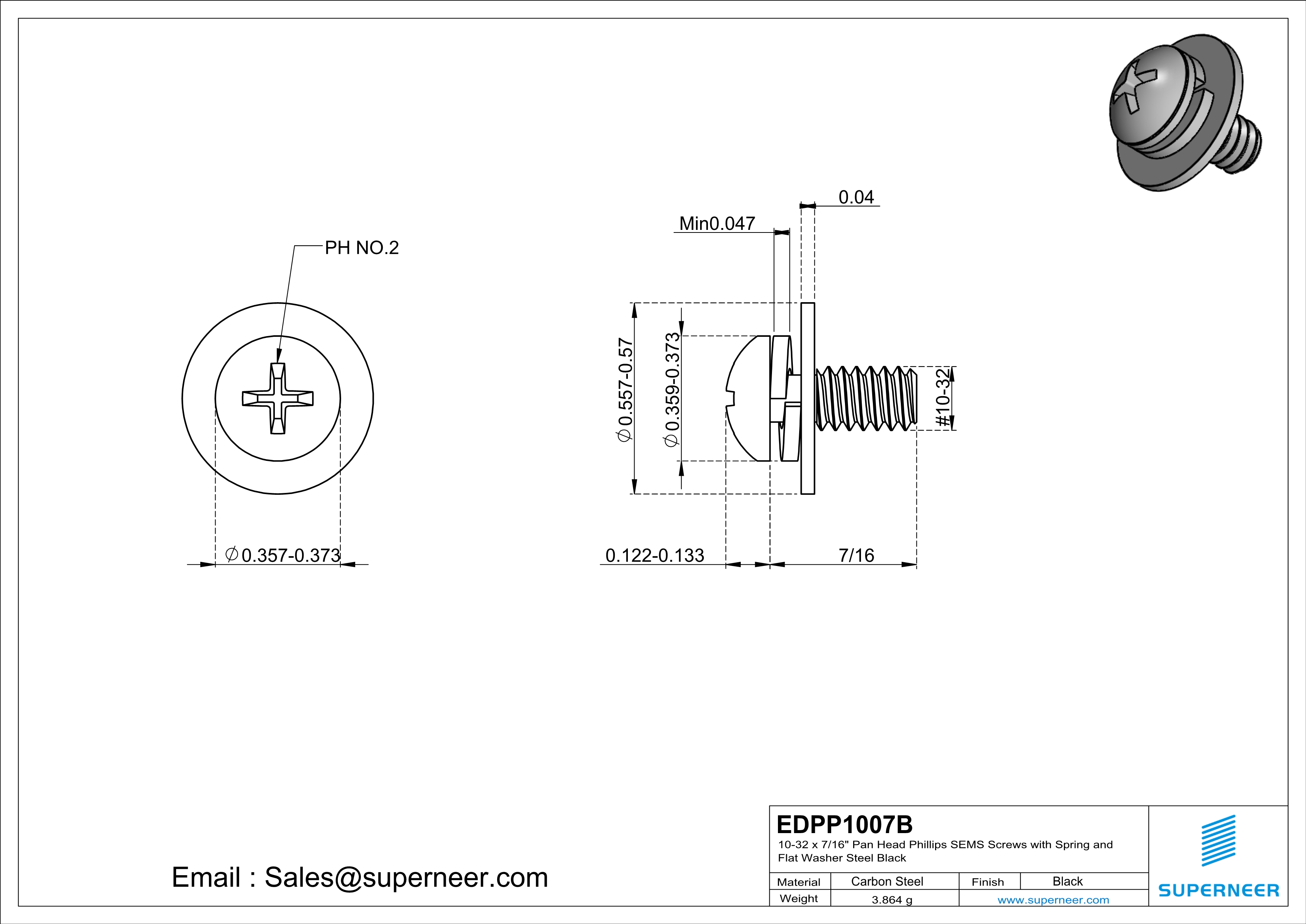 10-32 x 1/2"  Pan Head Phillips SEMS Screws with Spring and Flat Washer Steel Black