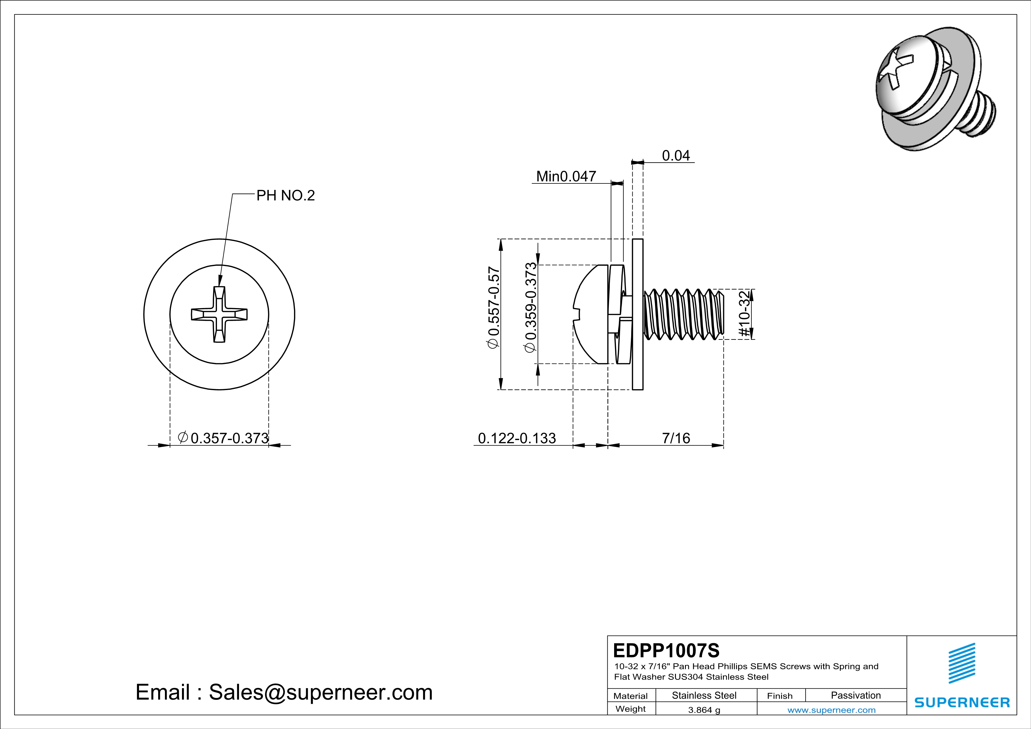 10-32 x 1/2"  Pan Head Phillips SEMS Screws with Spring and Flat Washer SUS304 Stainless Steel Inox