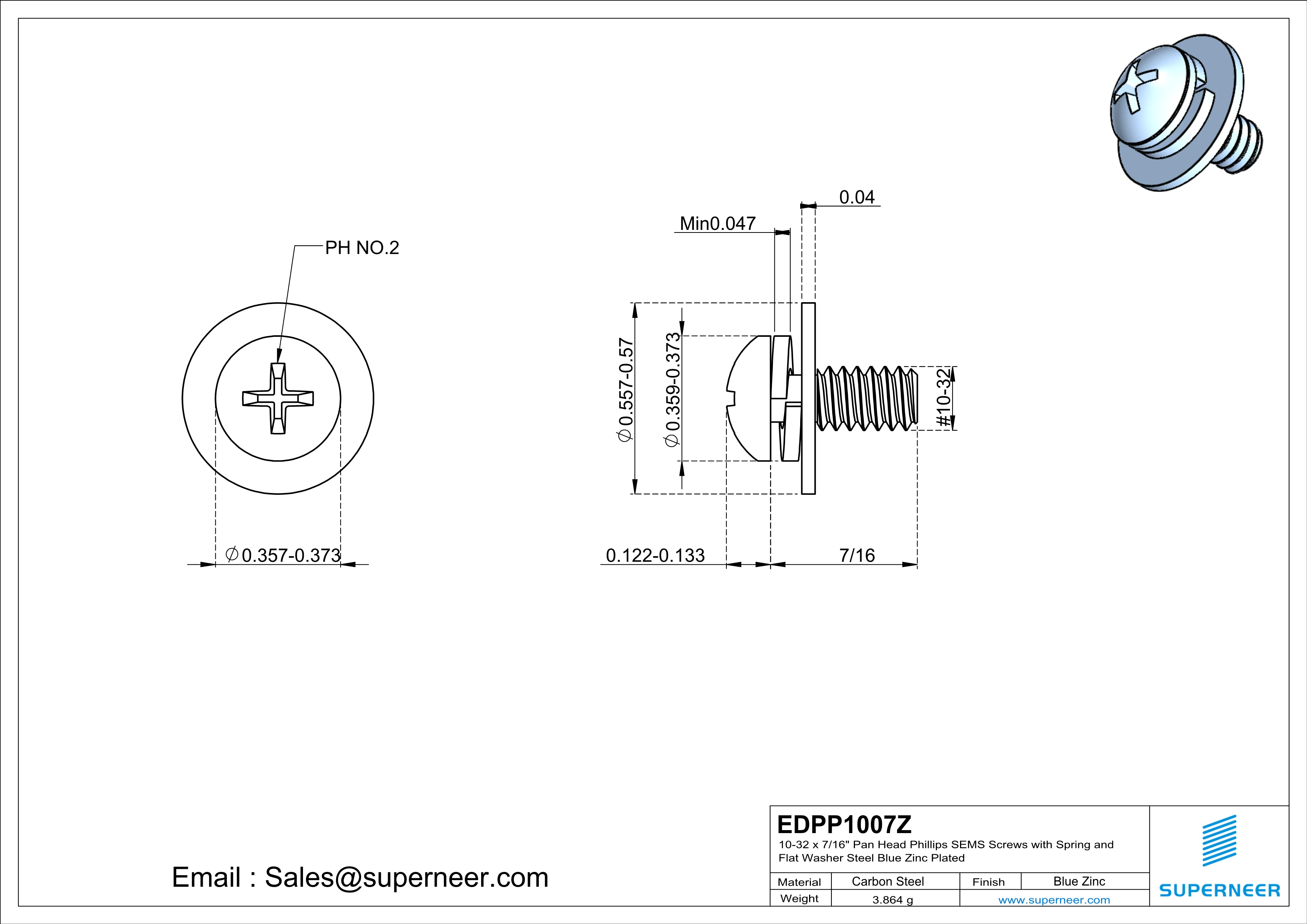 10-32 x 1/2"  Pan Head Phillips SEMS Screws with Spring and Flat Washer Steel Blue Zinc Plated