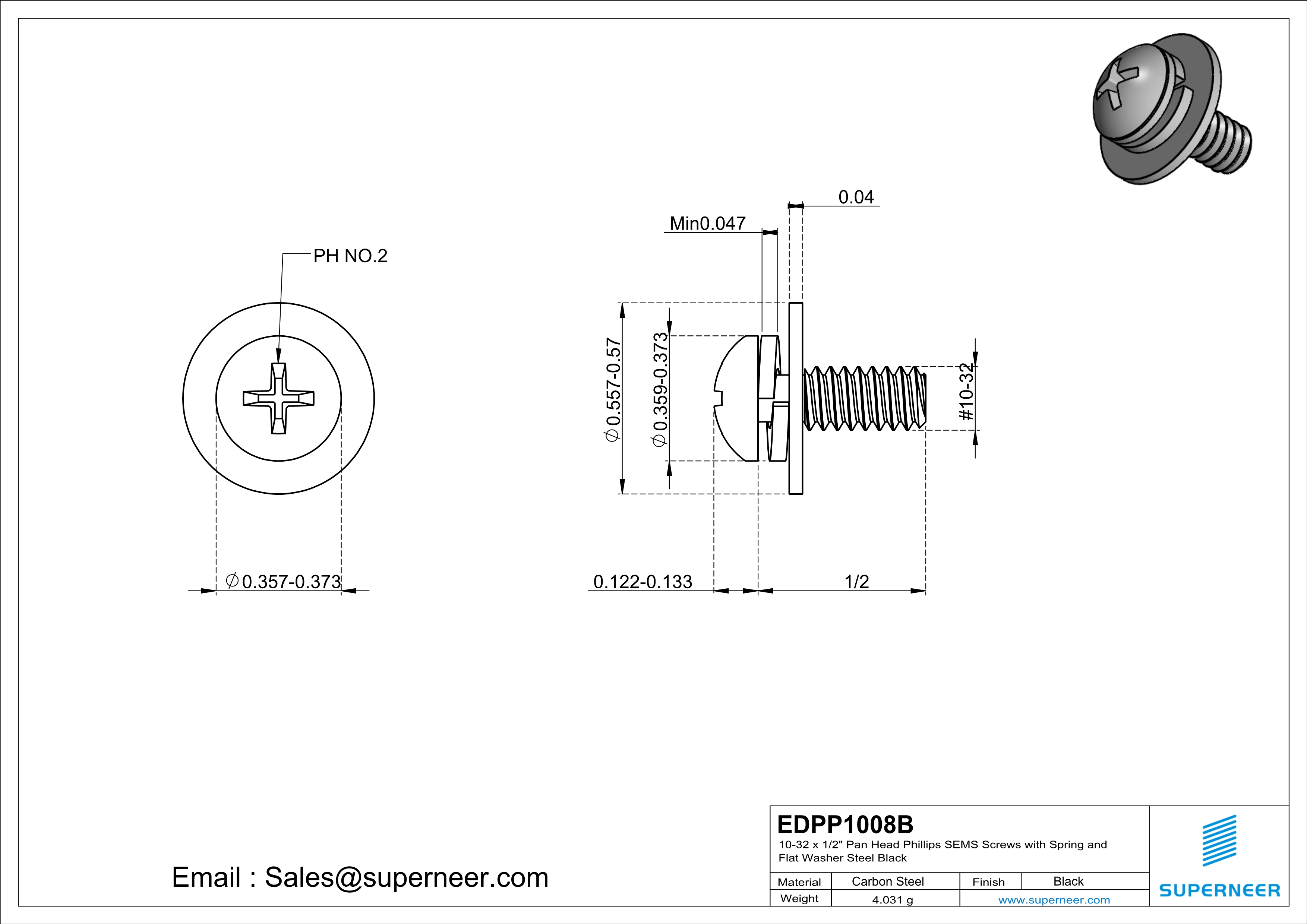 10-32 x 7/16" Pan Head Phillips SEMS Screws with Spring and Flat Washer Steel Black