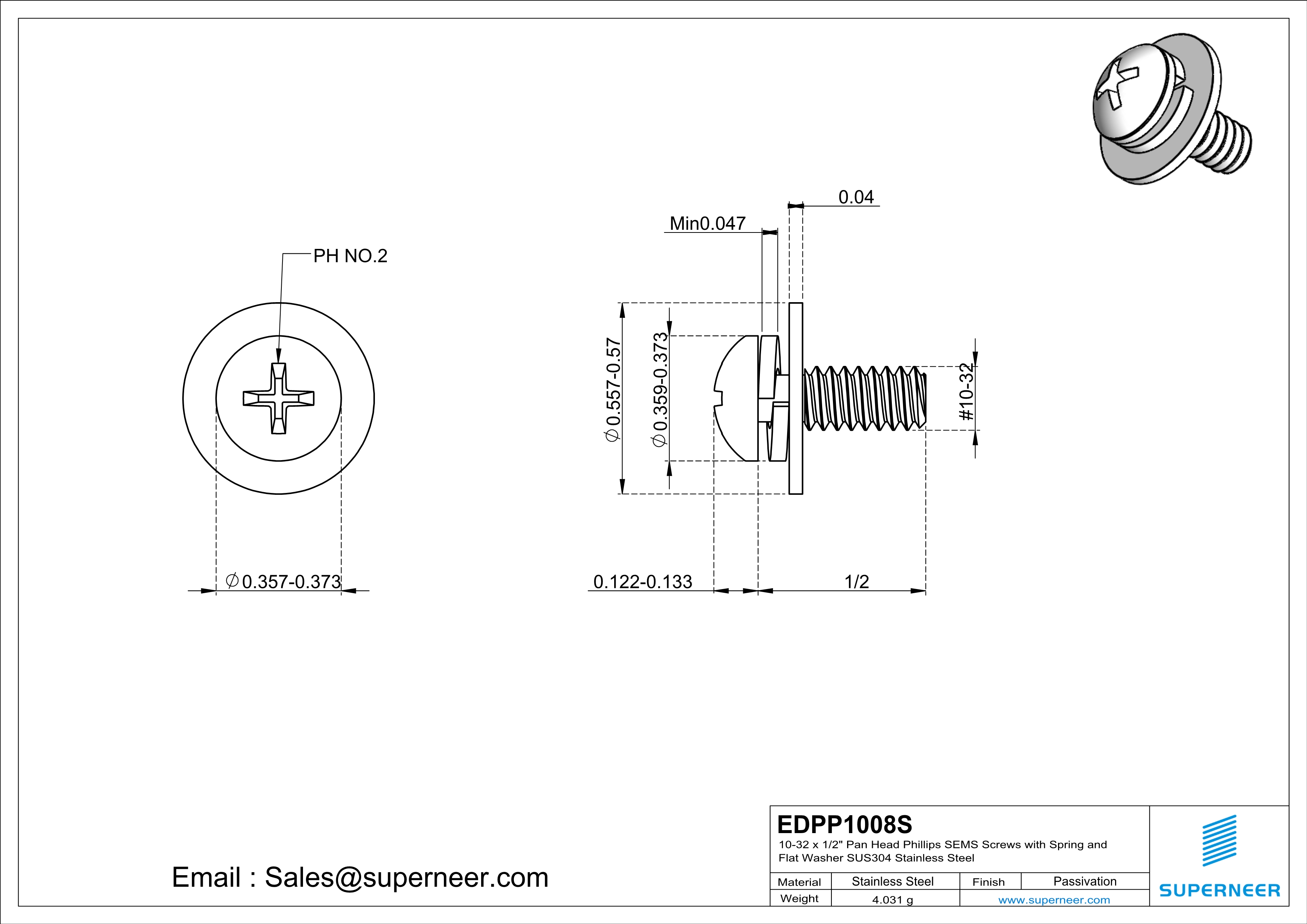 10-32 x 7/16" Pan Head Phillips SEMS Screws with Spring and Flat Washer SUS304 Stainless Steel Inox