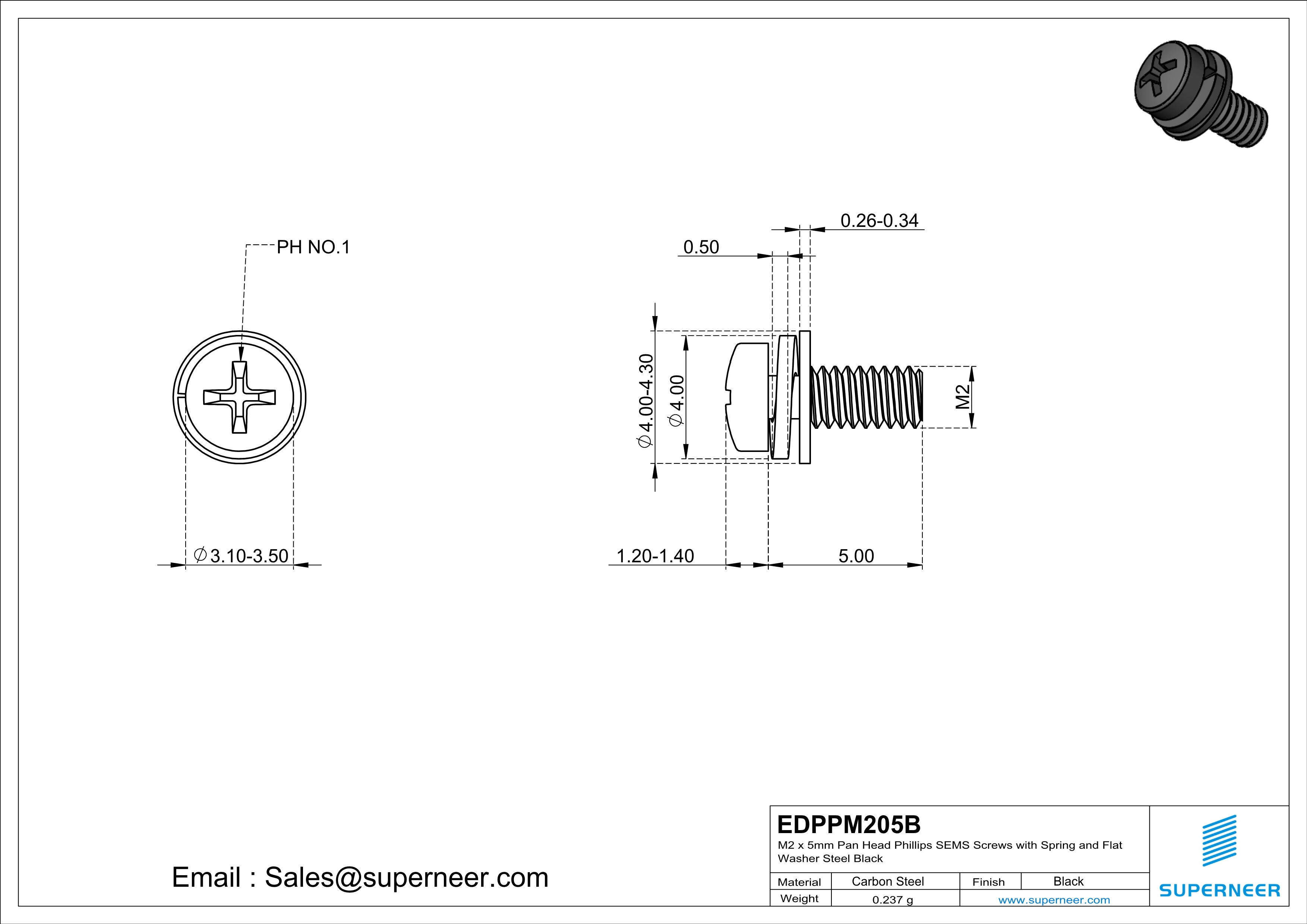 M2 x 5mm Pan Head Phillips SEMS Screws with Spring and Flat Washer Steel Black