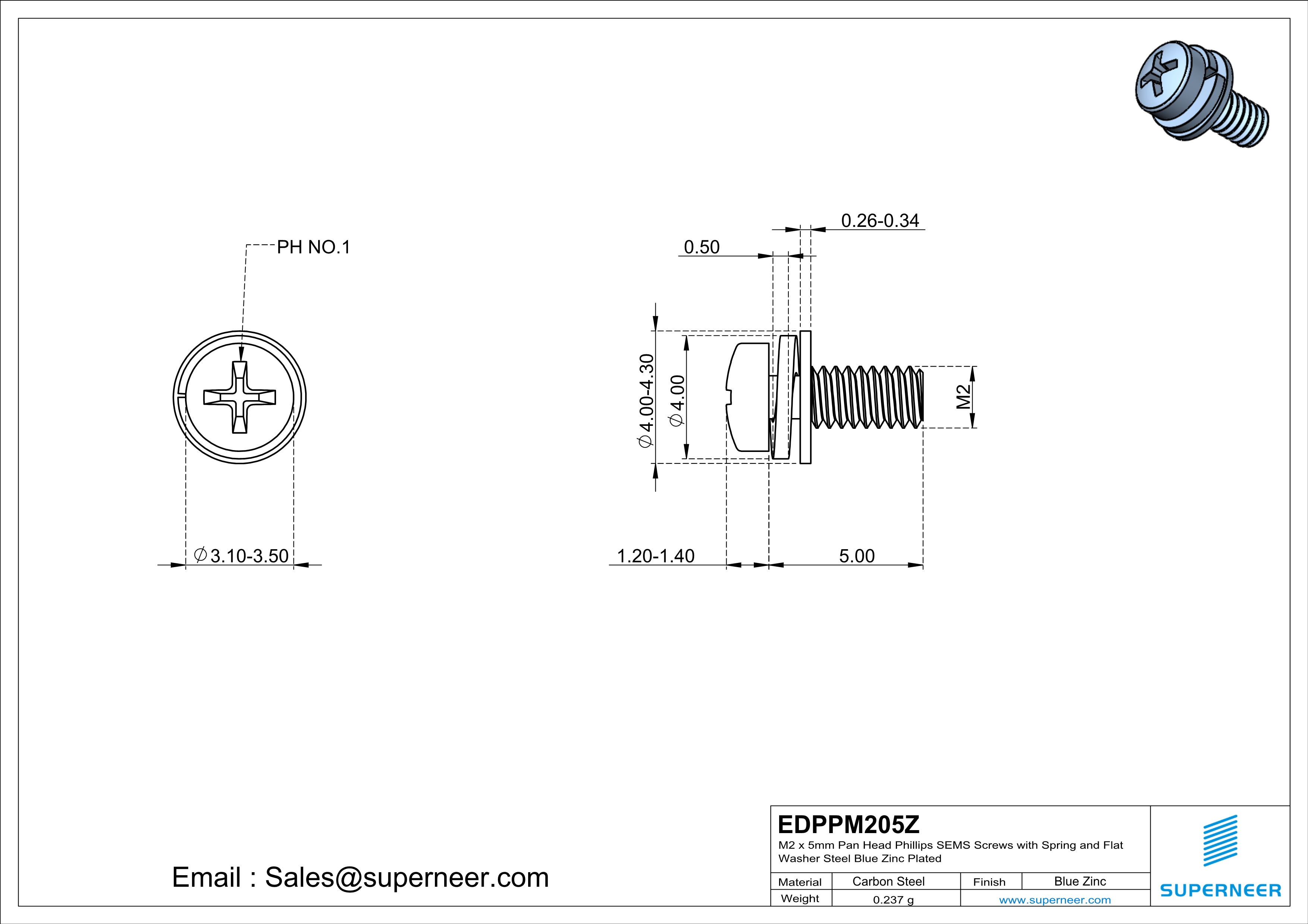 M2 x 5mm Pan Head Phillips SEMS Screws with Spring and Flat Washer Steel Blue Zinc Plated