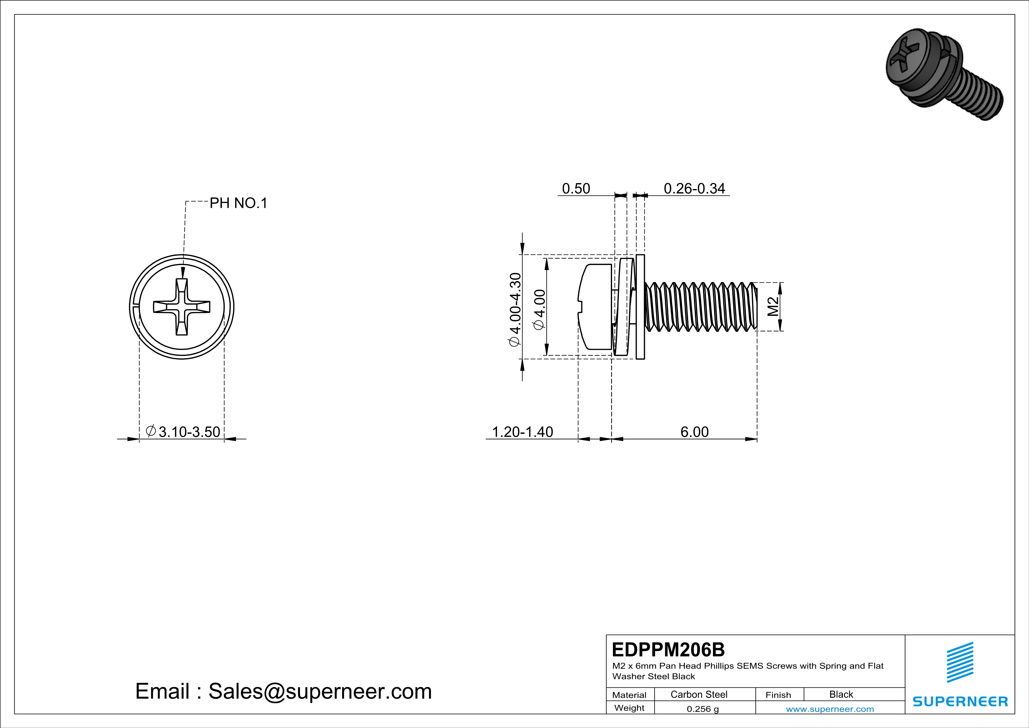 M2 x 6mm Pan Head Phillips SEMS Screws with Spring and Flat Washer Steel Black