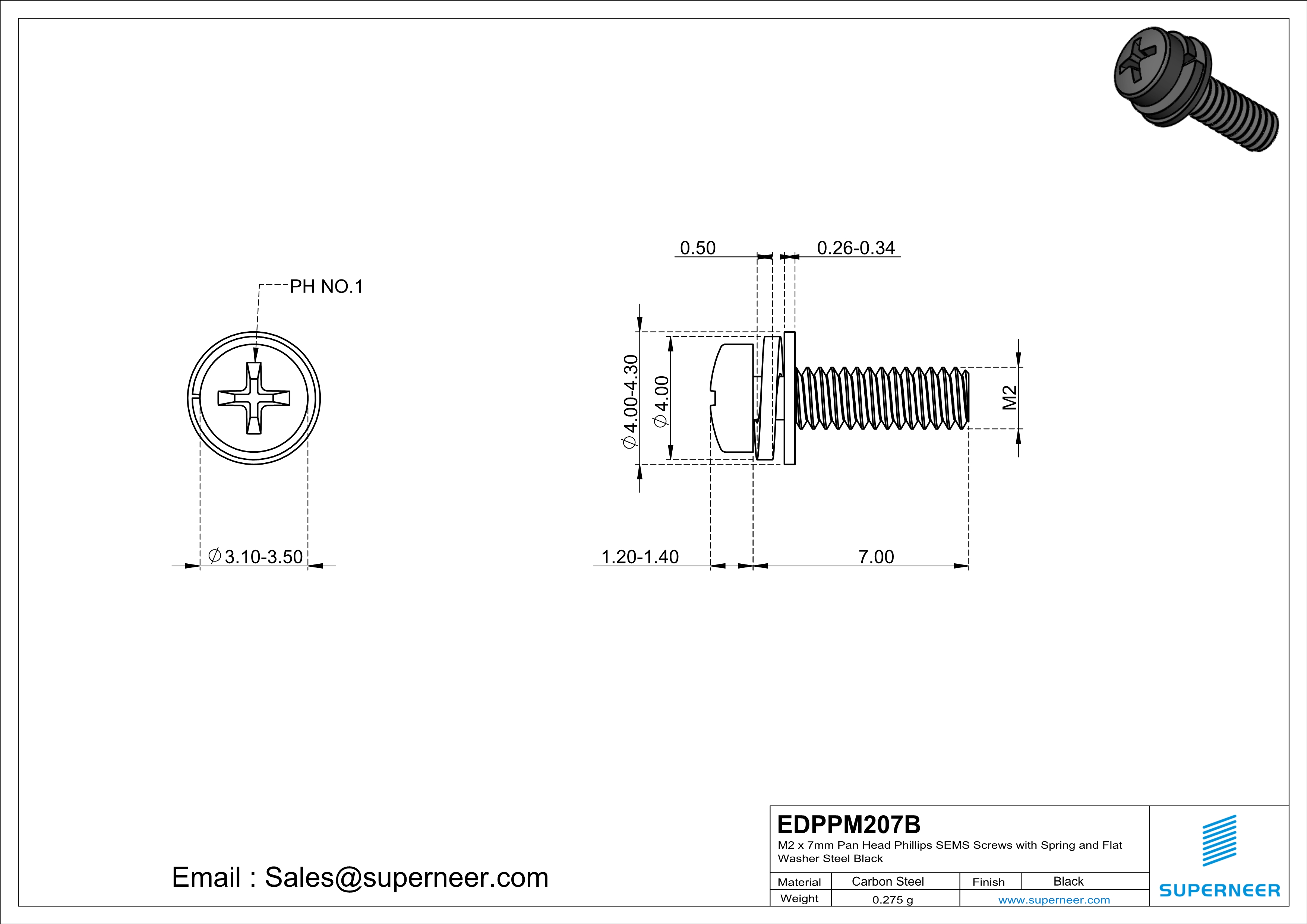 M2 x 7mm Pan Head Phillips SEMS Screws with Spring and Flat Washer Steel Black