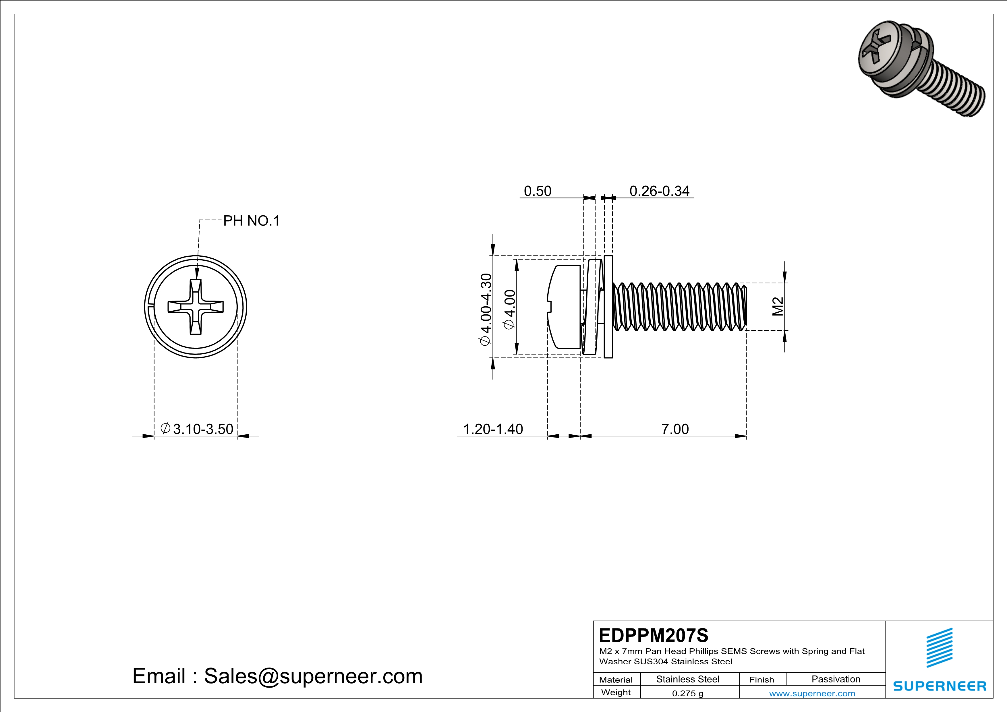 M2 x 7mm Pan Head Phillips SEMS Screws with Spring and Flat Washer SUS304 Stainless Steel Inox