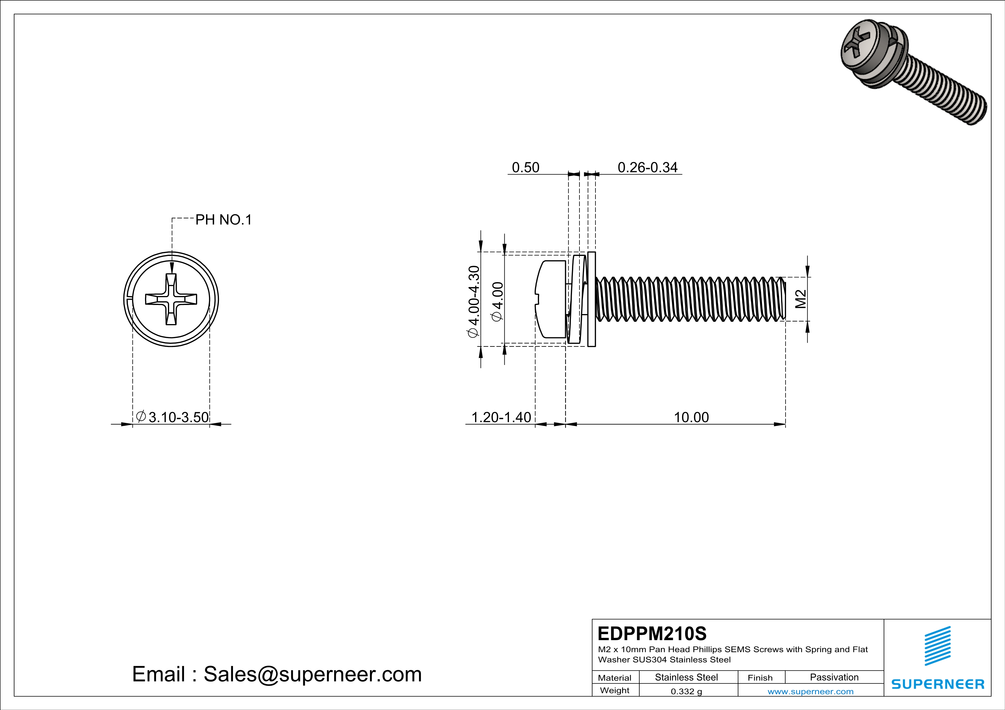 M2 x 10mm Pan Head Phillips SEMS Screws with Spring and Flat Washer SUS304 Stainless Steel Inox