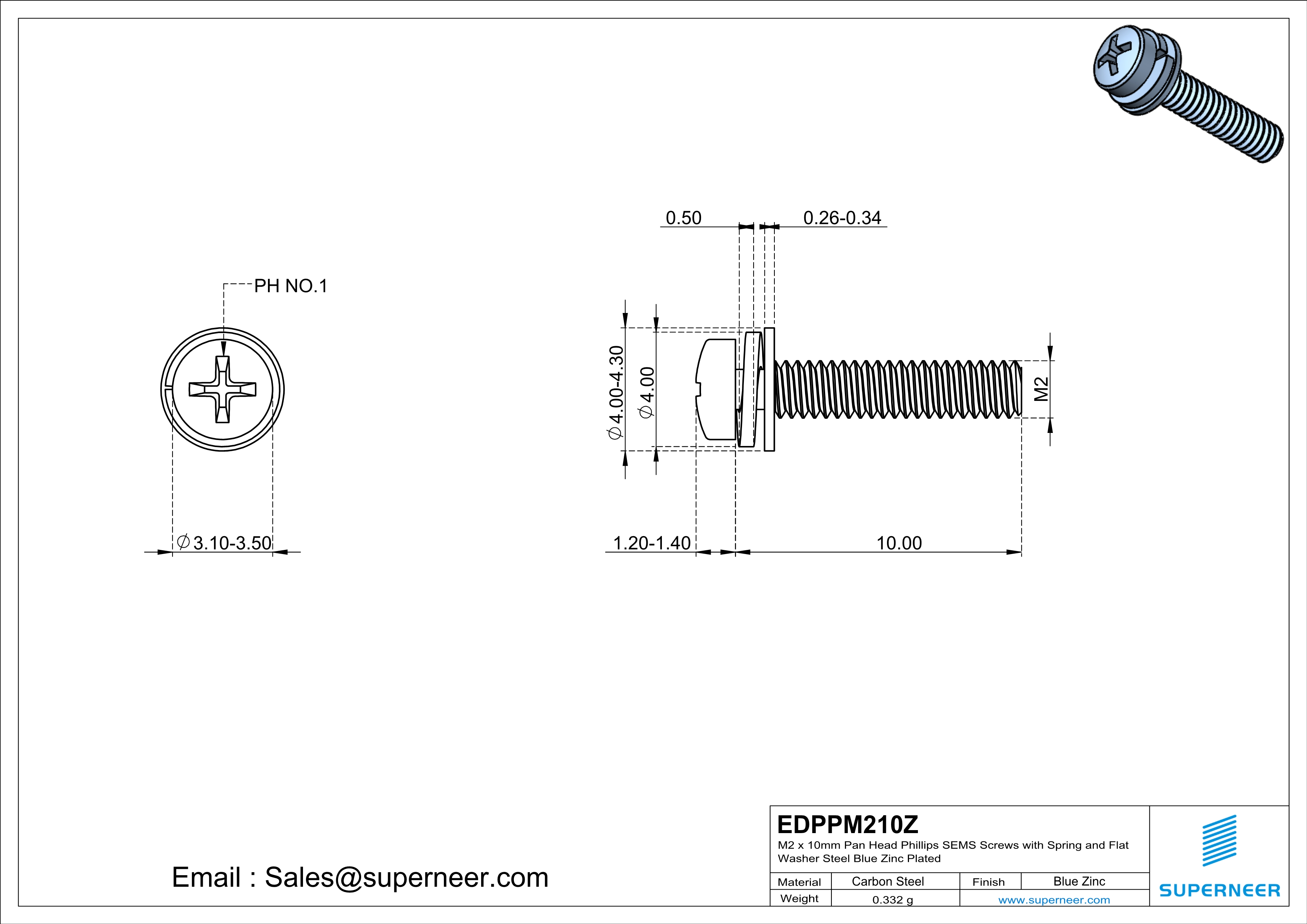 M2 x 10mm Pan Head Phillips SEMS Screws with Spring and Flat Washer Steel Blue Zinc Plated