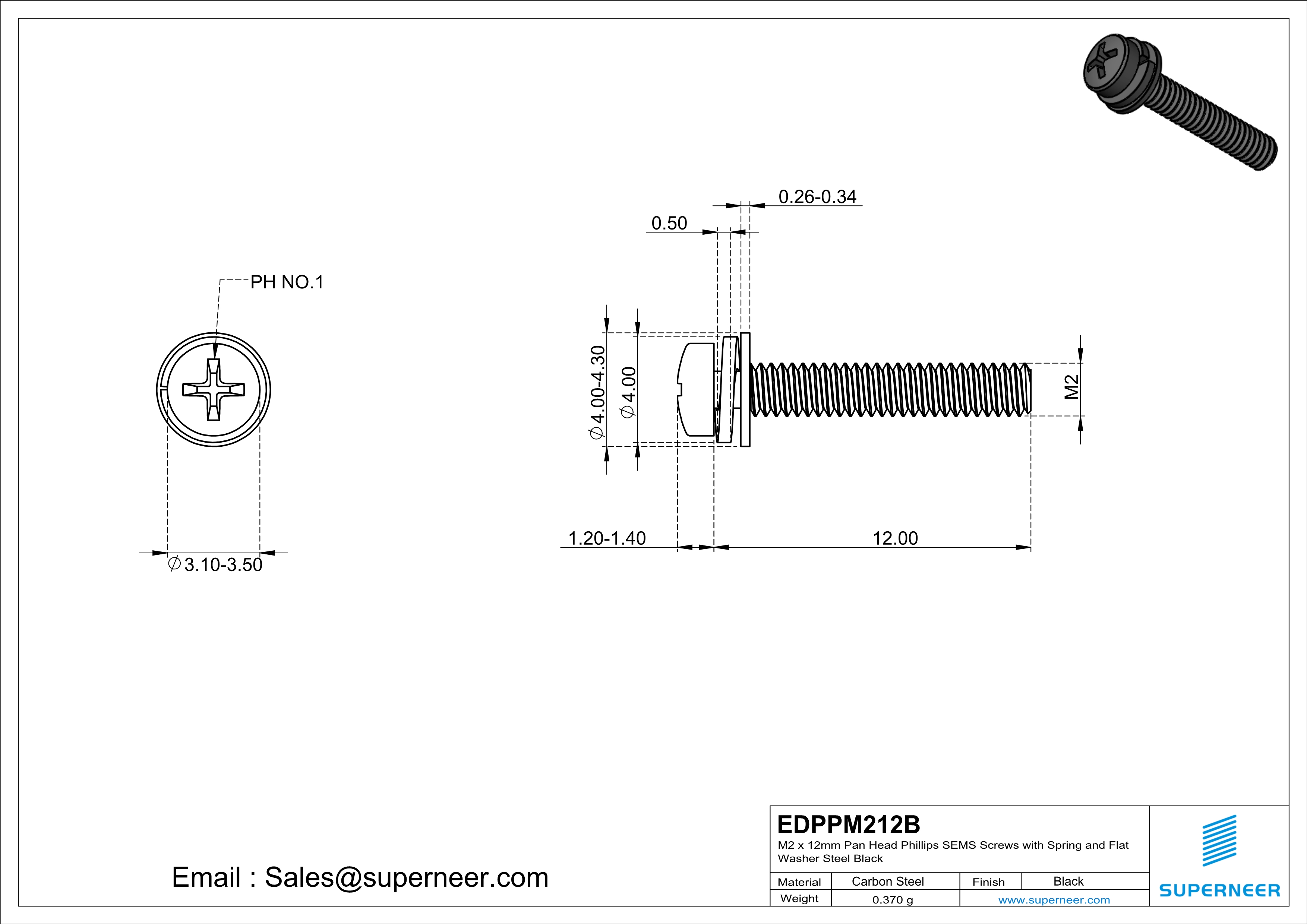 M2 x 12mm Pan Head Phillips SEMS Screws with Spring and Flat Washer Steel Black