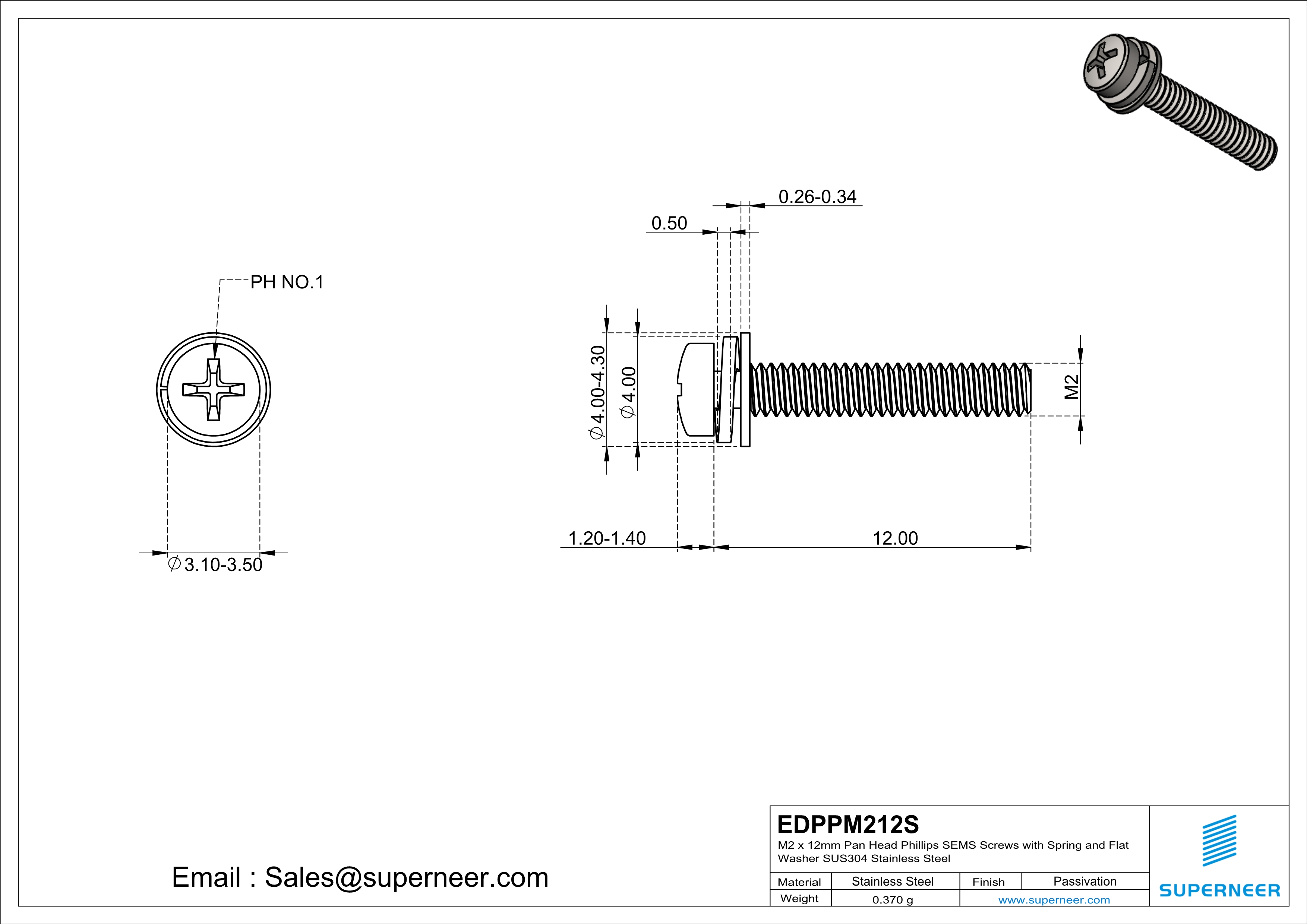 M2 x 12mm Pan Head Phillips SEMS Screws with Spring and Flat Washer SUS304 Stainless Steel Inox