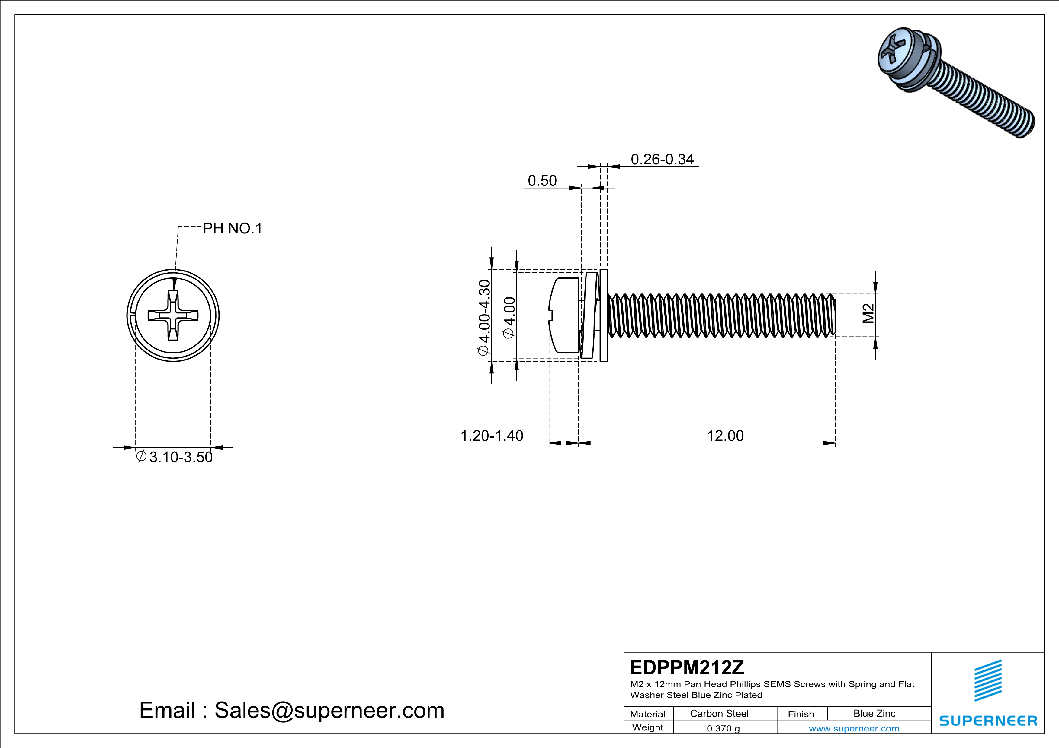 M2 x 12mm Pan Head Phillips SEMS Screws with Spring and Flat Washer Steel Blue Zinc Plated