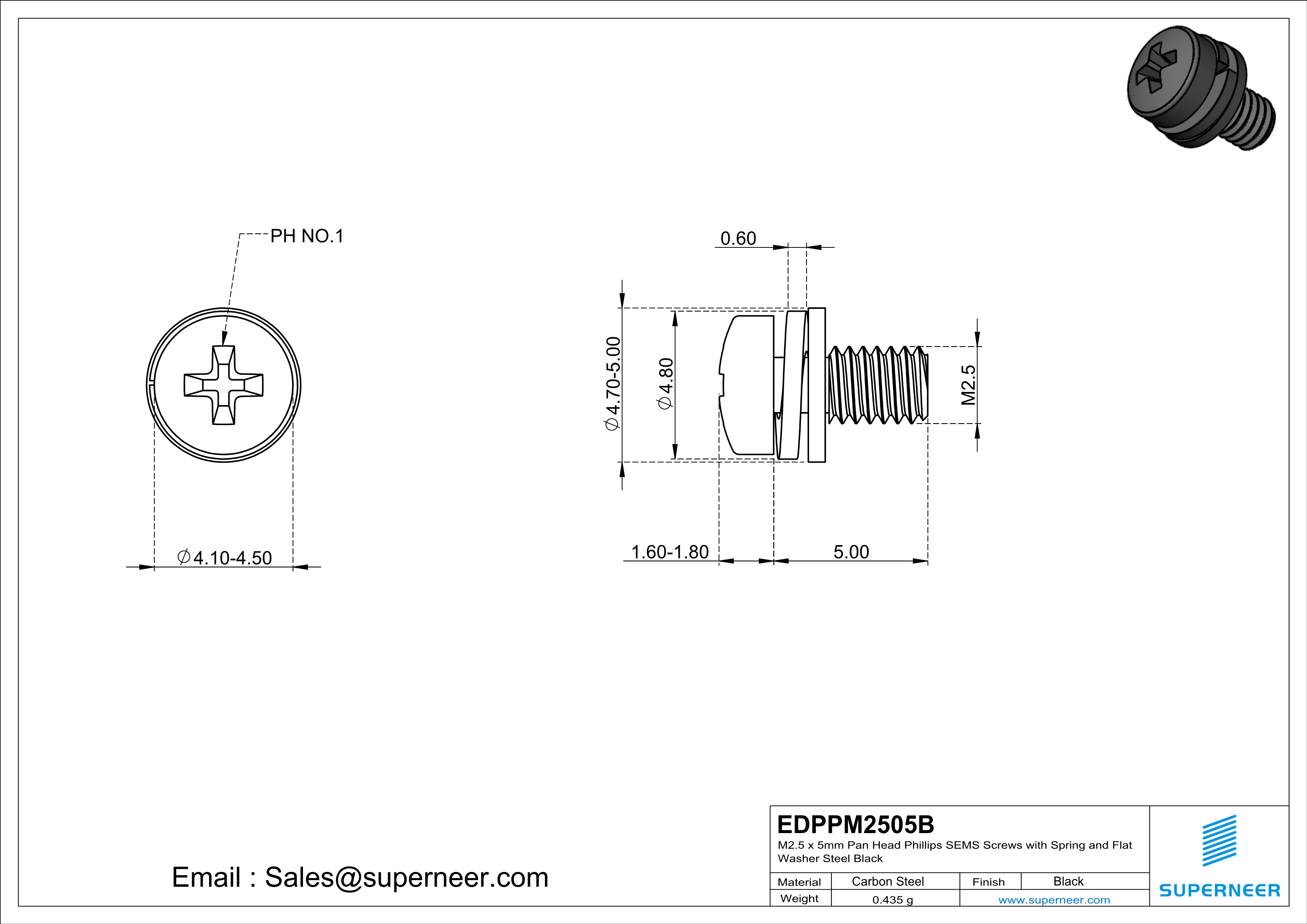 M2.5 x 5mm Pan Head Phillips SEMS Screws with Spring and Flat Washer Steel Black