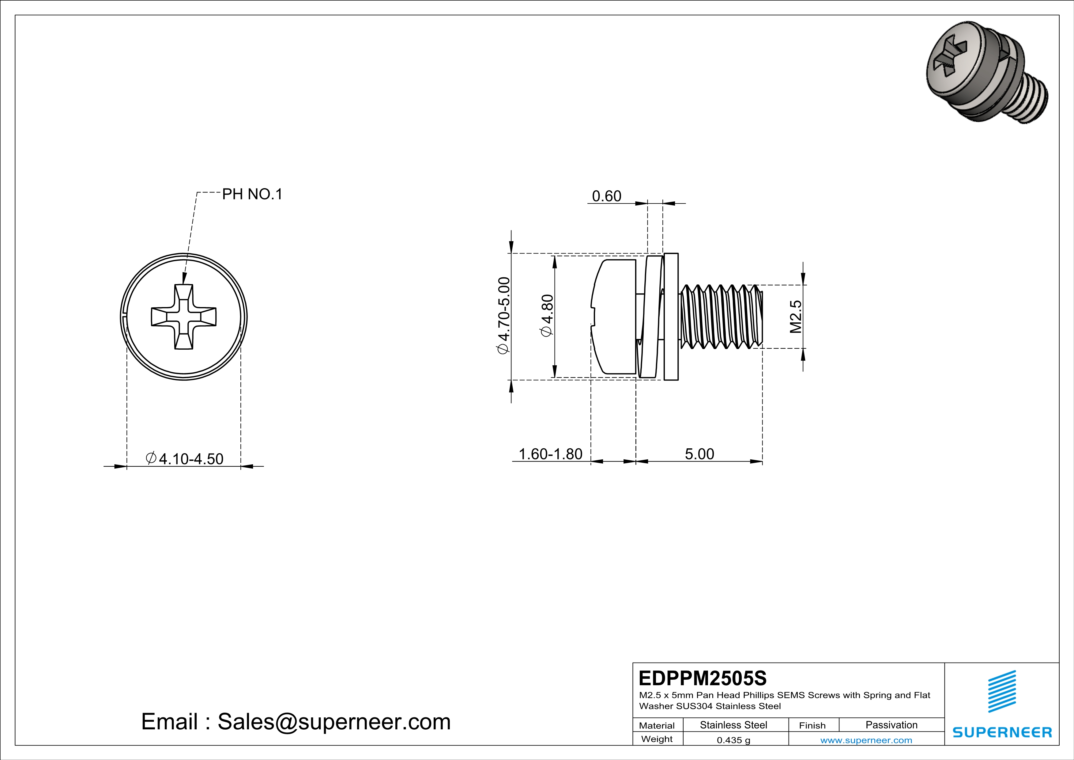 M2.5 x 5mm Pan Head Phillips SEMS Screws with Spring and Flat Washer SUS304 Stainless Steel Inox