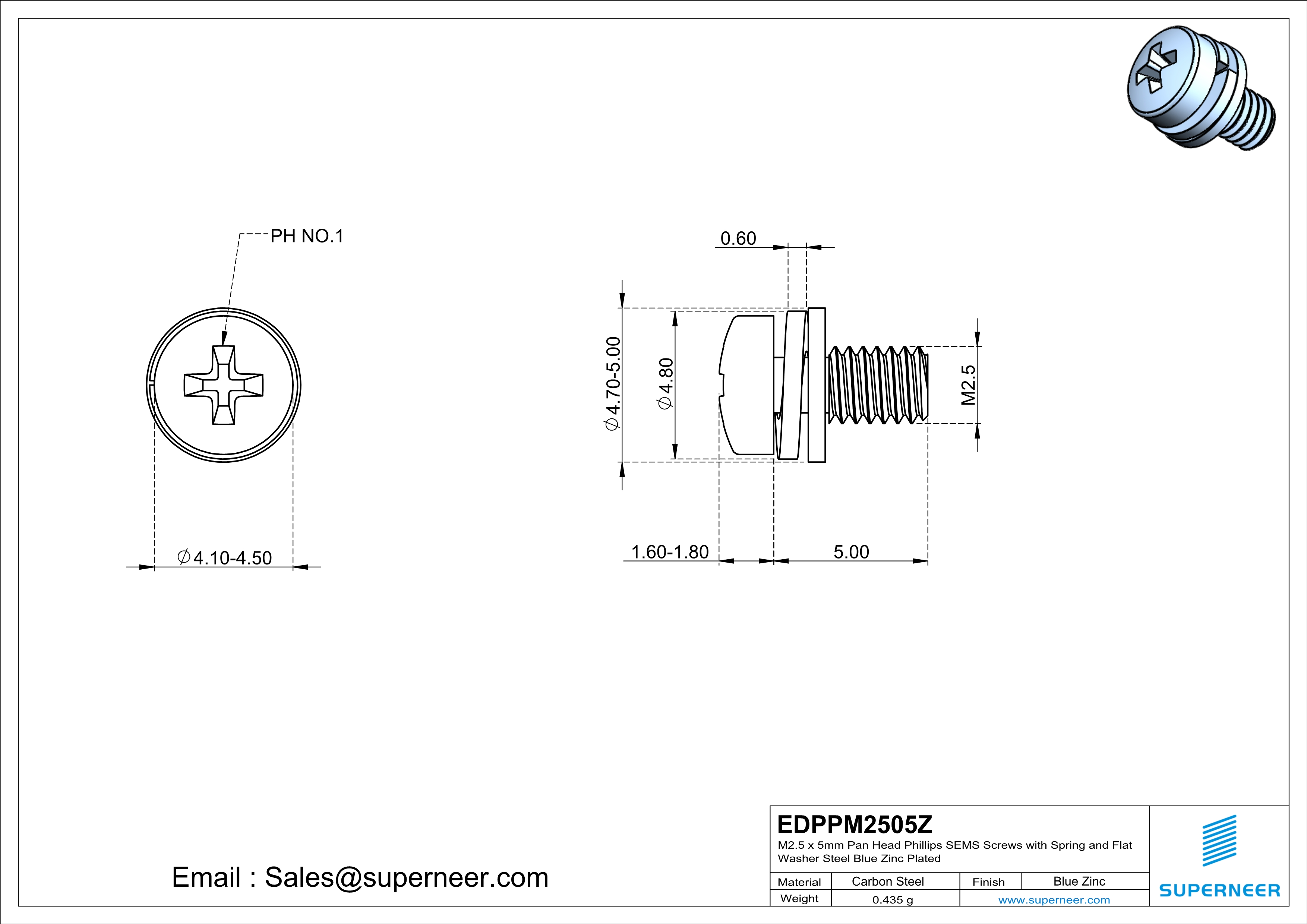 M2.5 x 5mm Pan Head Phillips SEMS Screws with Spring and Flat Washer Steel Blue Zinc Plated