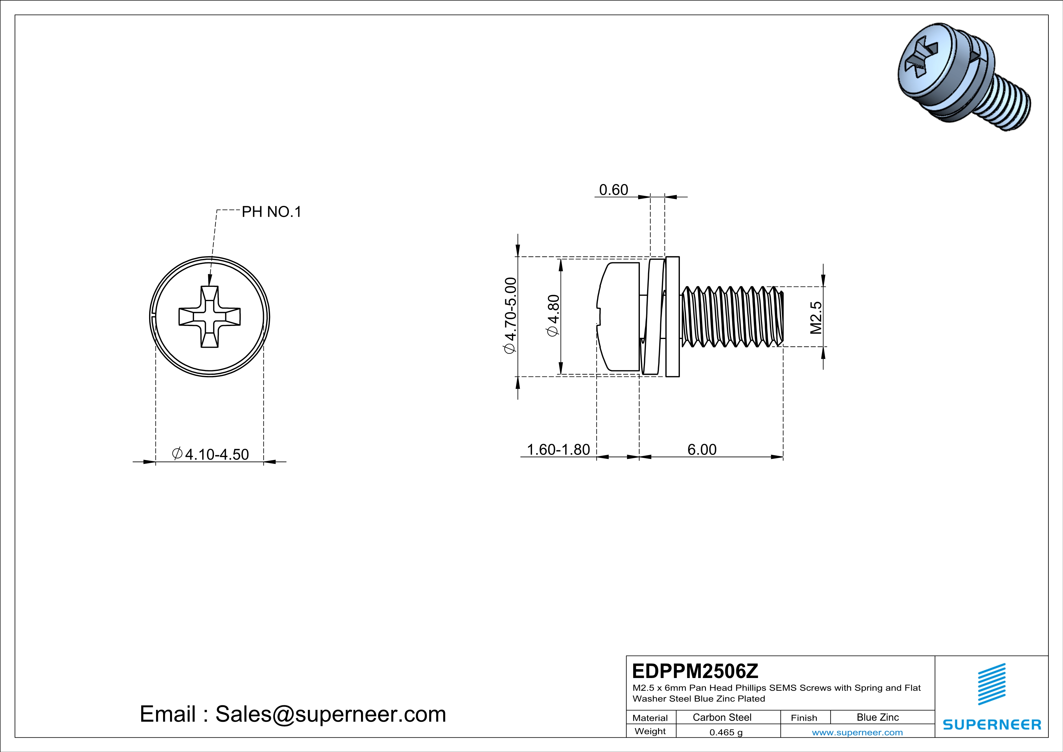 M2.5 x 6mm Pan Head Phillips SEMS Screws with Spring and Flat Washer Steel Blue Zinc Plated