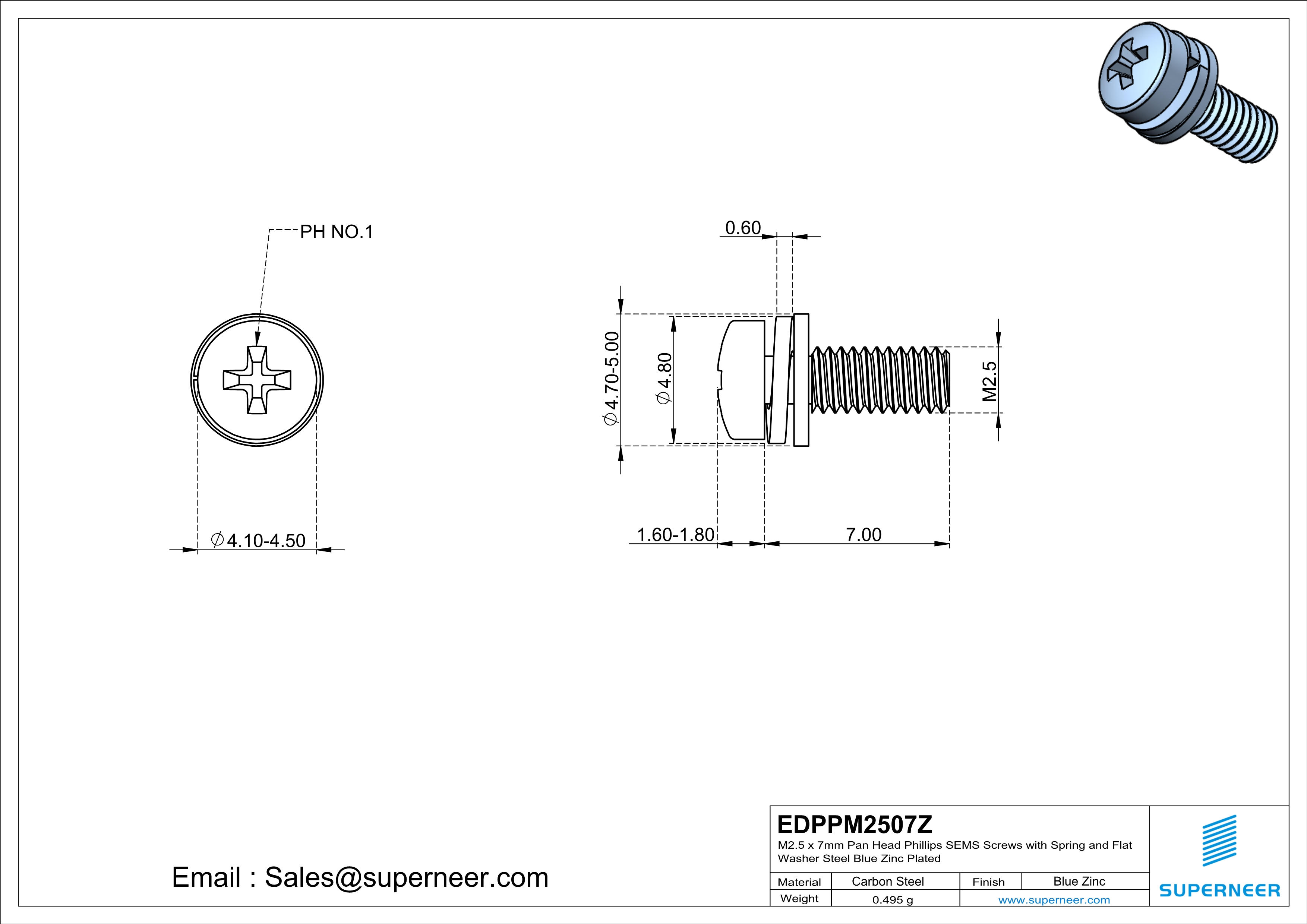 M2.5 x 7mm Pan Head Phillips SEMS Screws with Spring and Flat Washer Steel Blue Zinc Plated