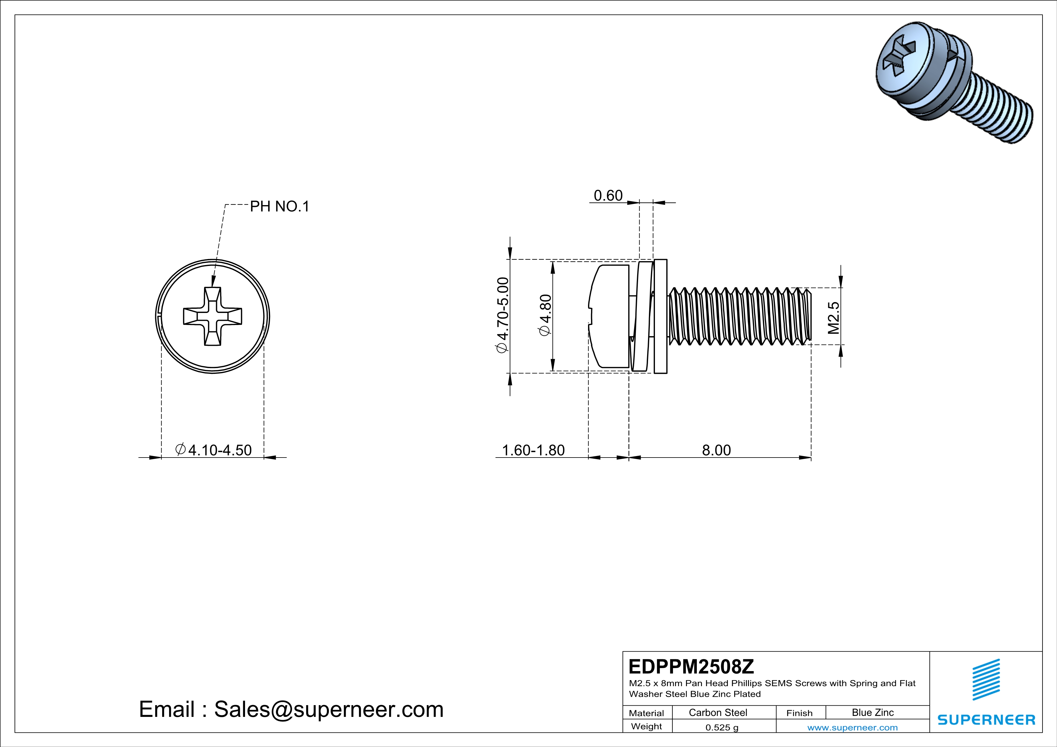 M2.5 x 8mm Pan Head Phillips SEMS Screws with Spring and Flat Washer Steel Blue Zinc Plated