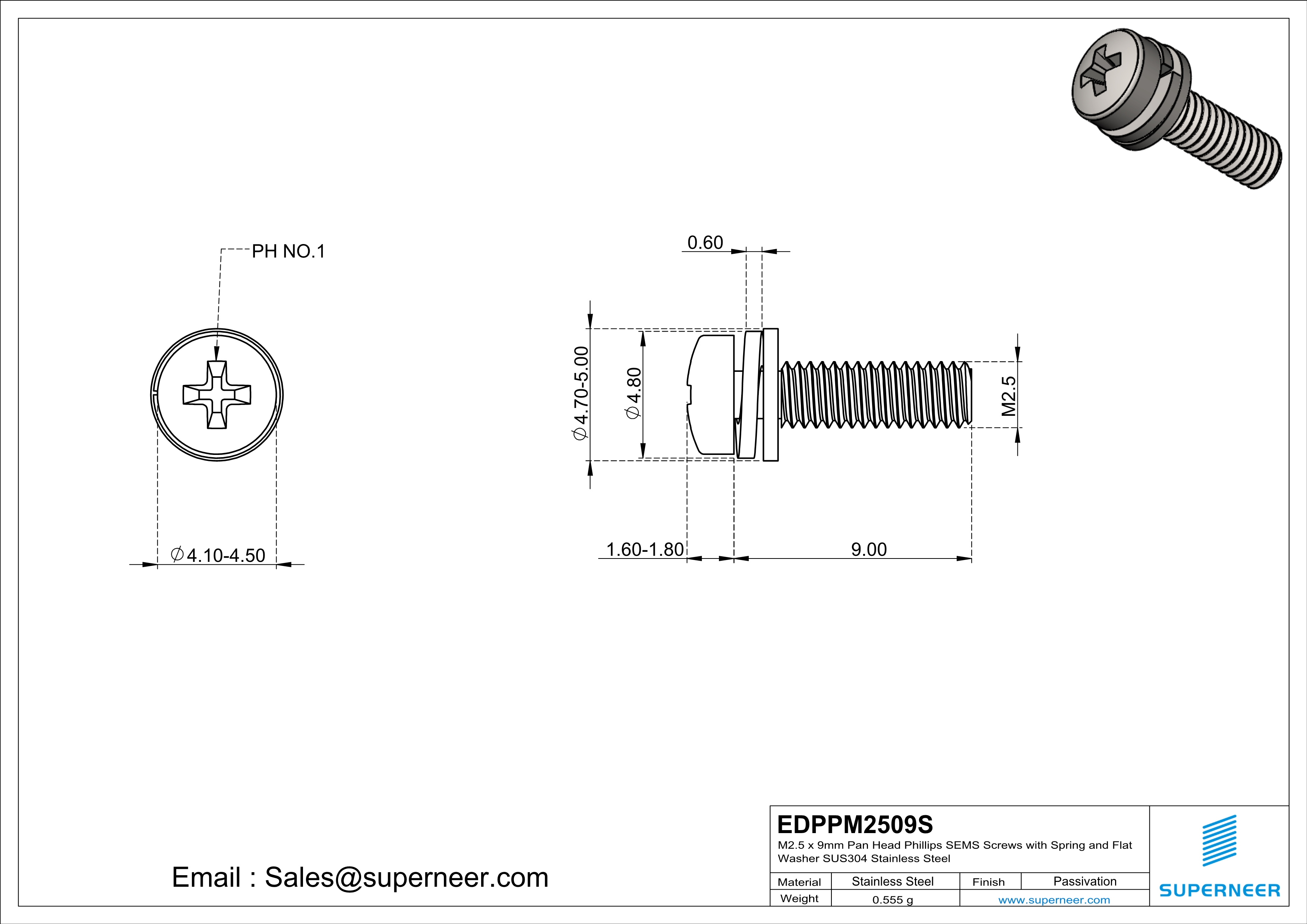 M2.5 x 9mm Pan Head Phillips SEMS Screws with Spring and Flat Washer SUS304 Stainless Steel Inox