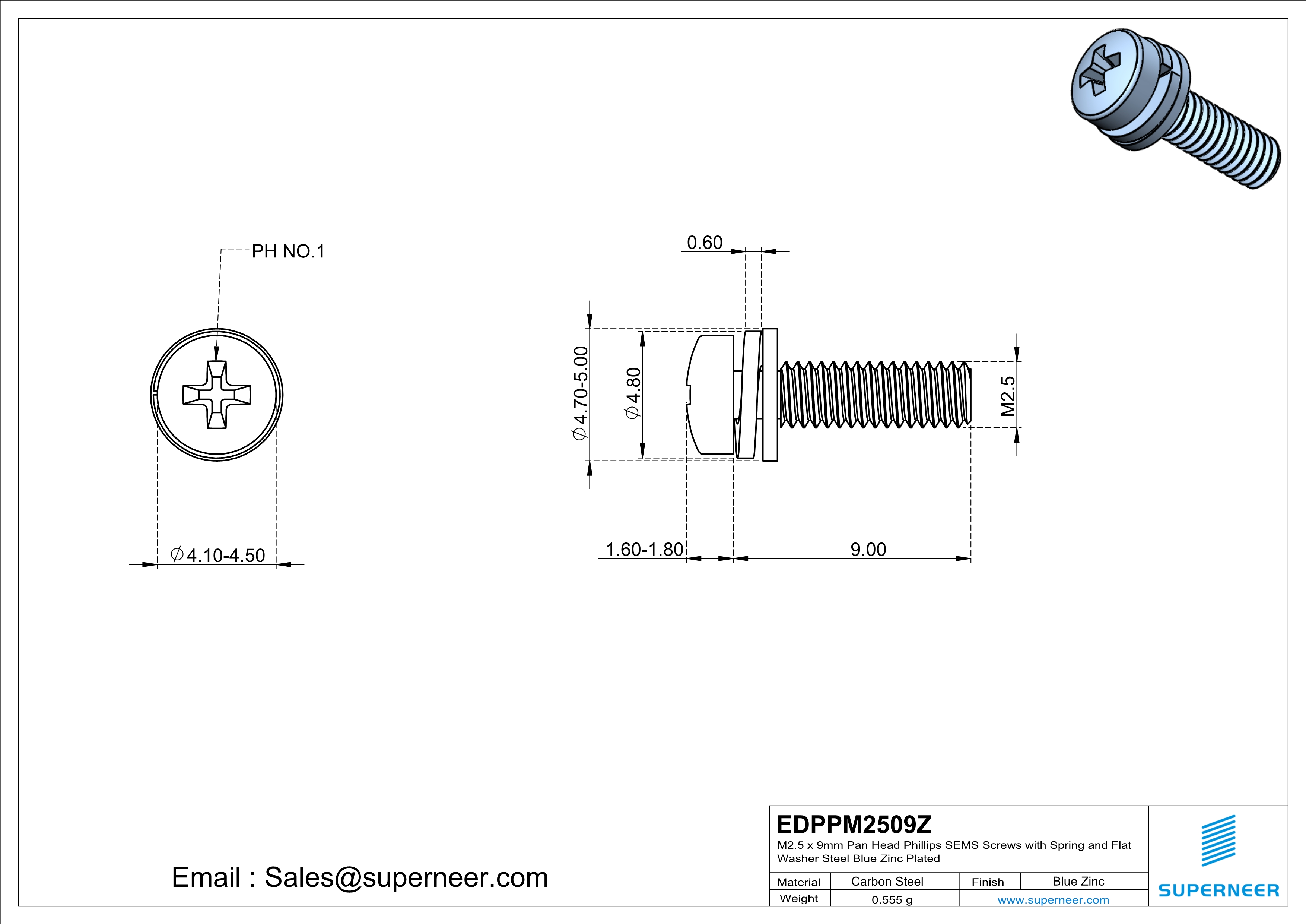 M2.5 x 9mm Pan Head Phillips SEMS Screws with Spring and Flat Washer Steel Blue Zinc Plated