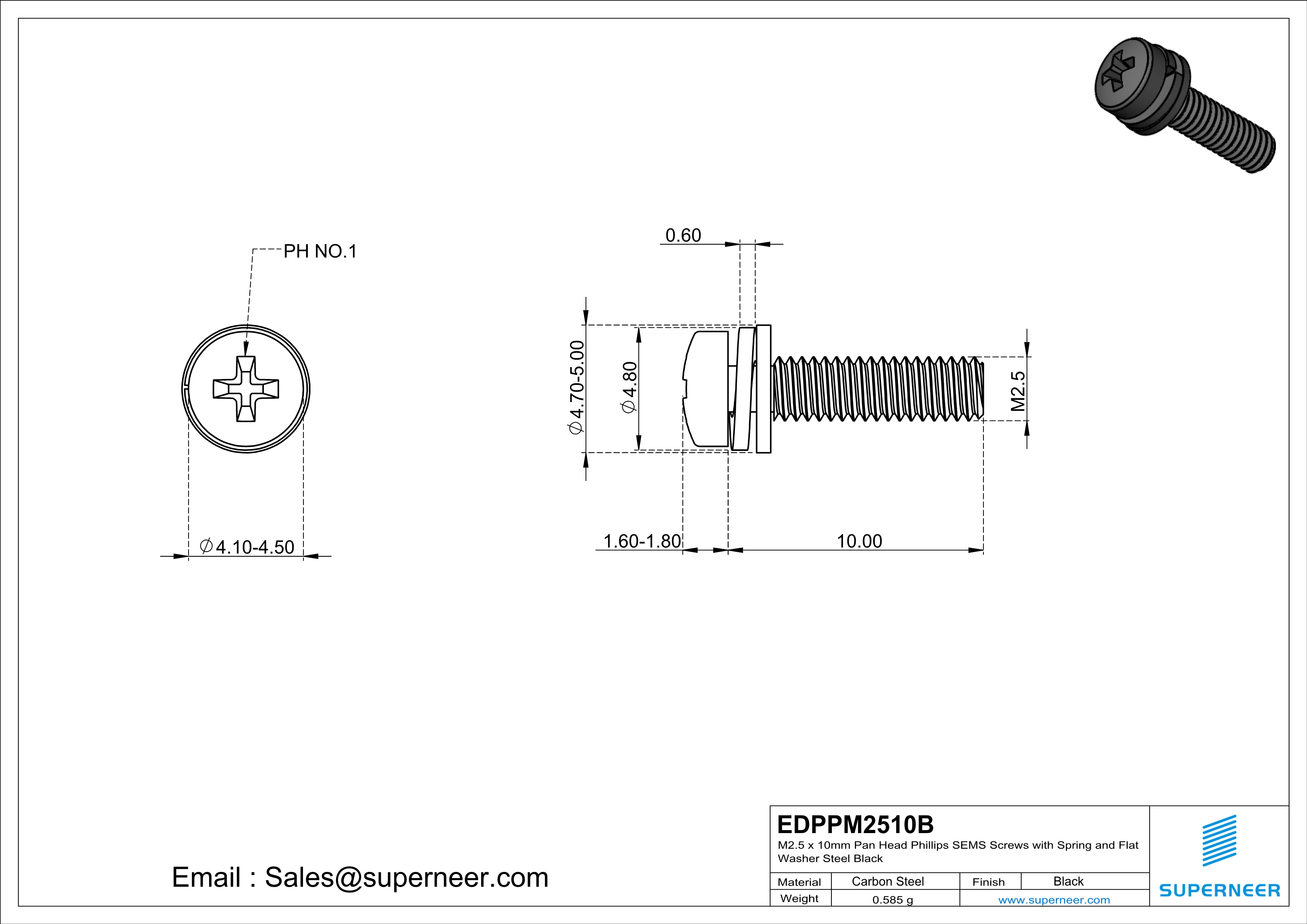 M2.5 x 10mm Pan Head Phillips SEMS Screws with Spring and Flat Washer Steel Black