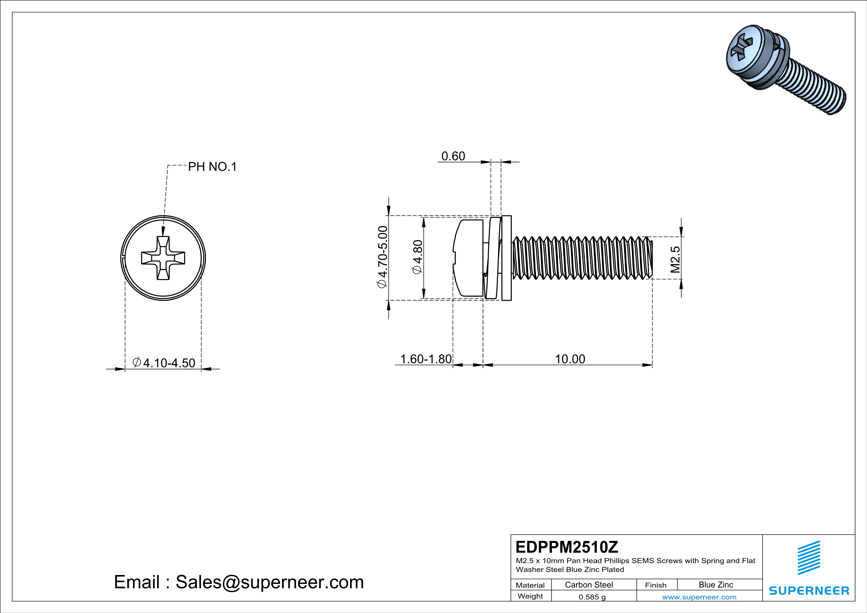 M2.5 x 10mm Pan Head Phillips SEMS Screws with Spring and Flat Washer Steel Blue Zinc Plated