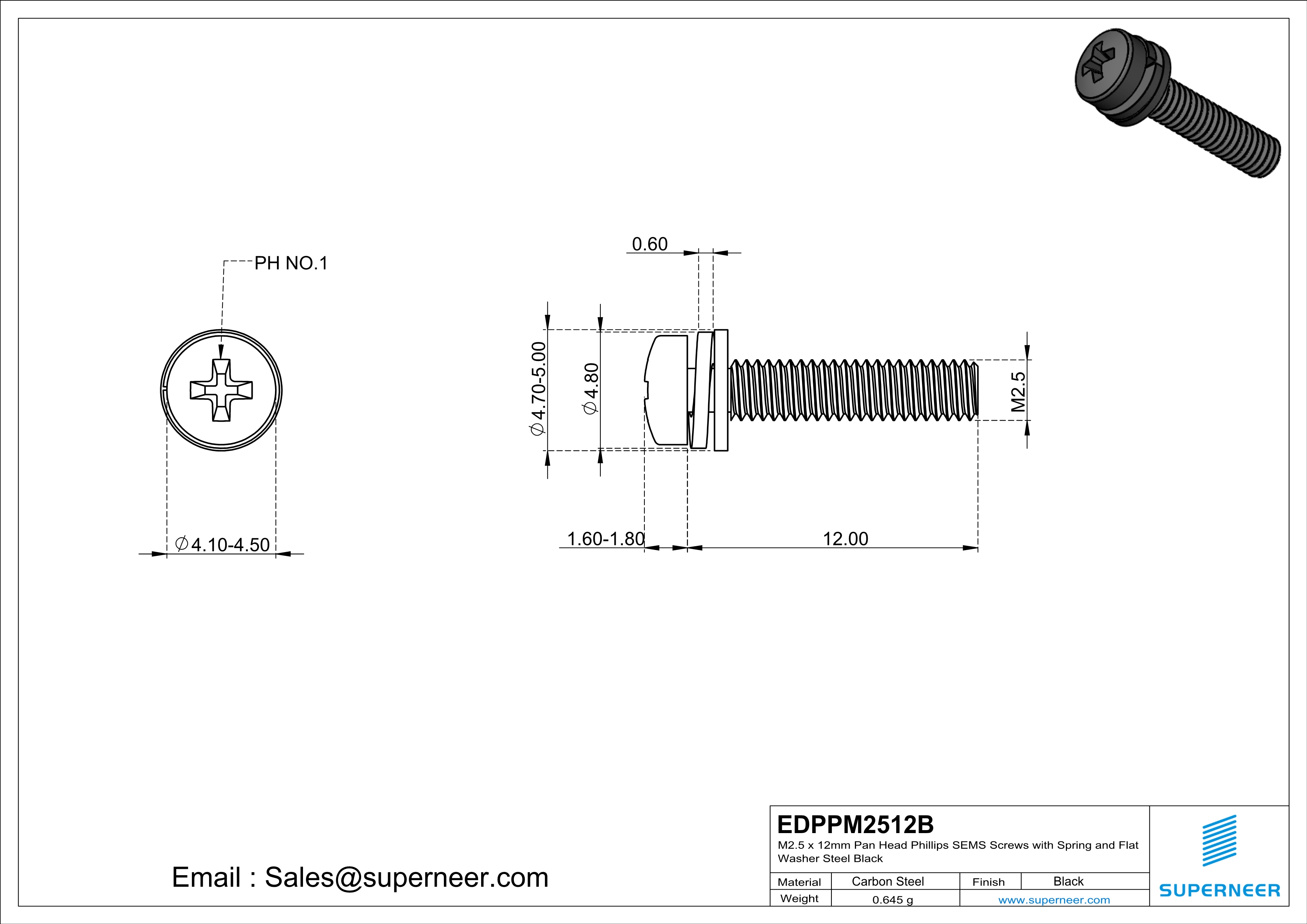 M2.5 x 12mm Pan Head Phillips SEMS Screws with Spring and Flat Washer Steel Black