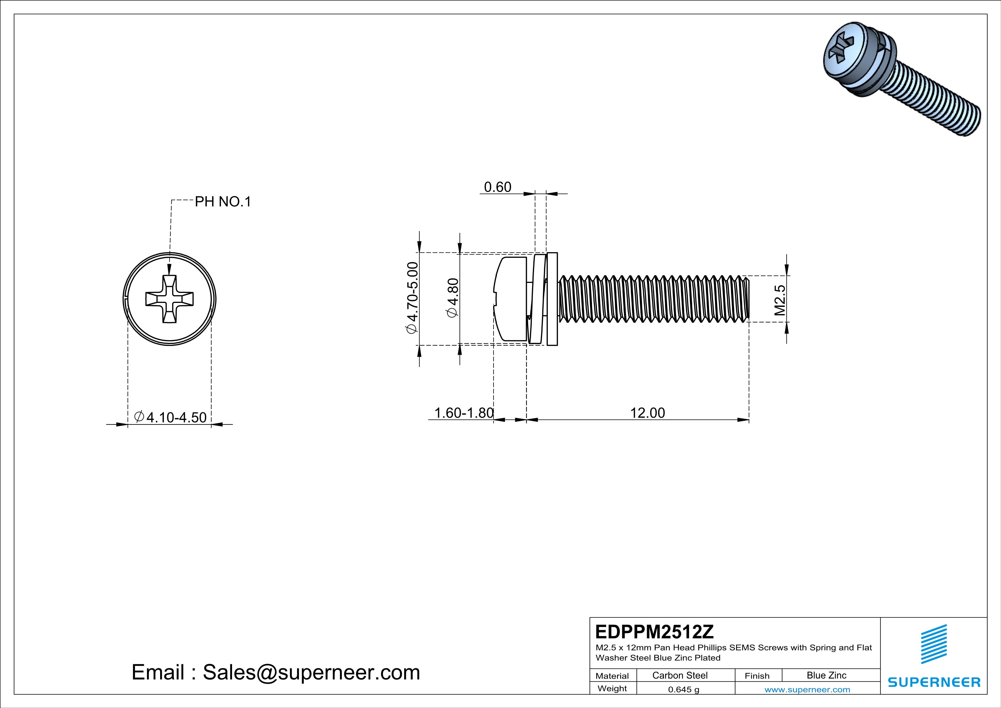 M2.5 x 12mm Pan Head Phillips SEMS Screws with Spring and Flat Washer Steel Blue Zinc Plated