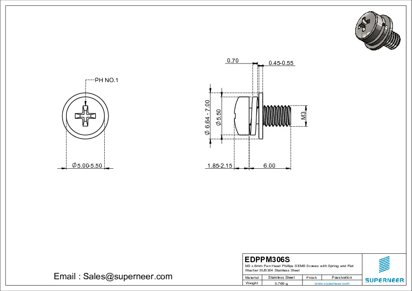 M3 x 6mm Pan Head Phillips SEMS Screws with Spring and Flat Washer SUS304 Stainless Steel Inox