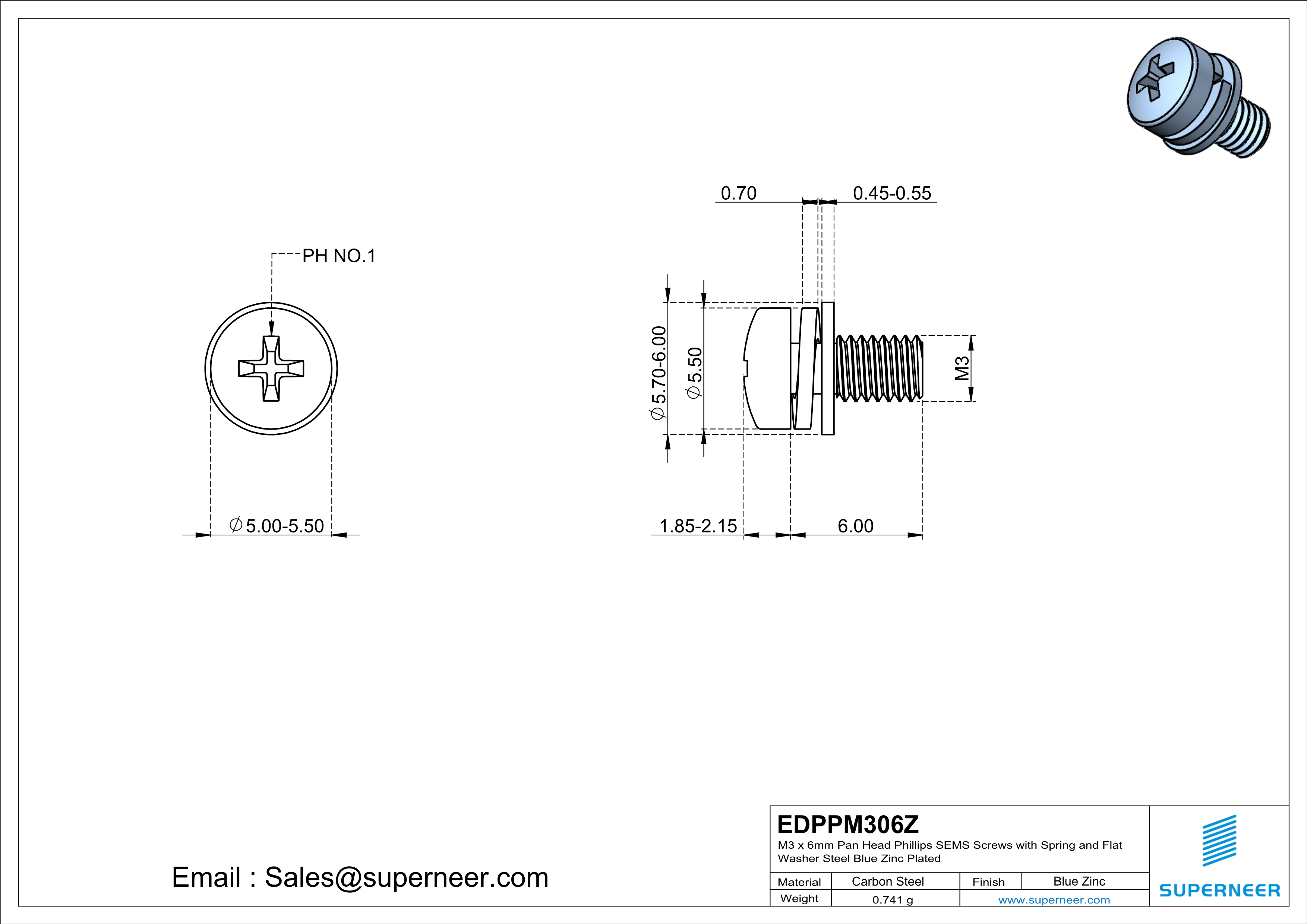 M3 x 6mm Pan Head Phillips SEMS Screws with Spring and Flat Washer Steel Blue Zinc Plated