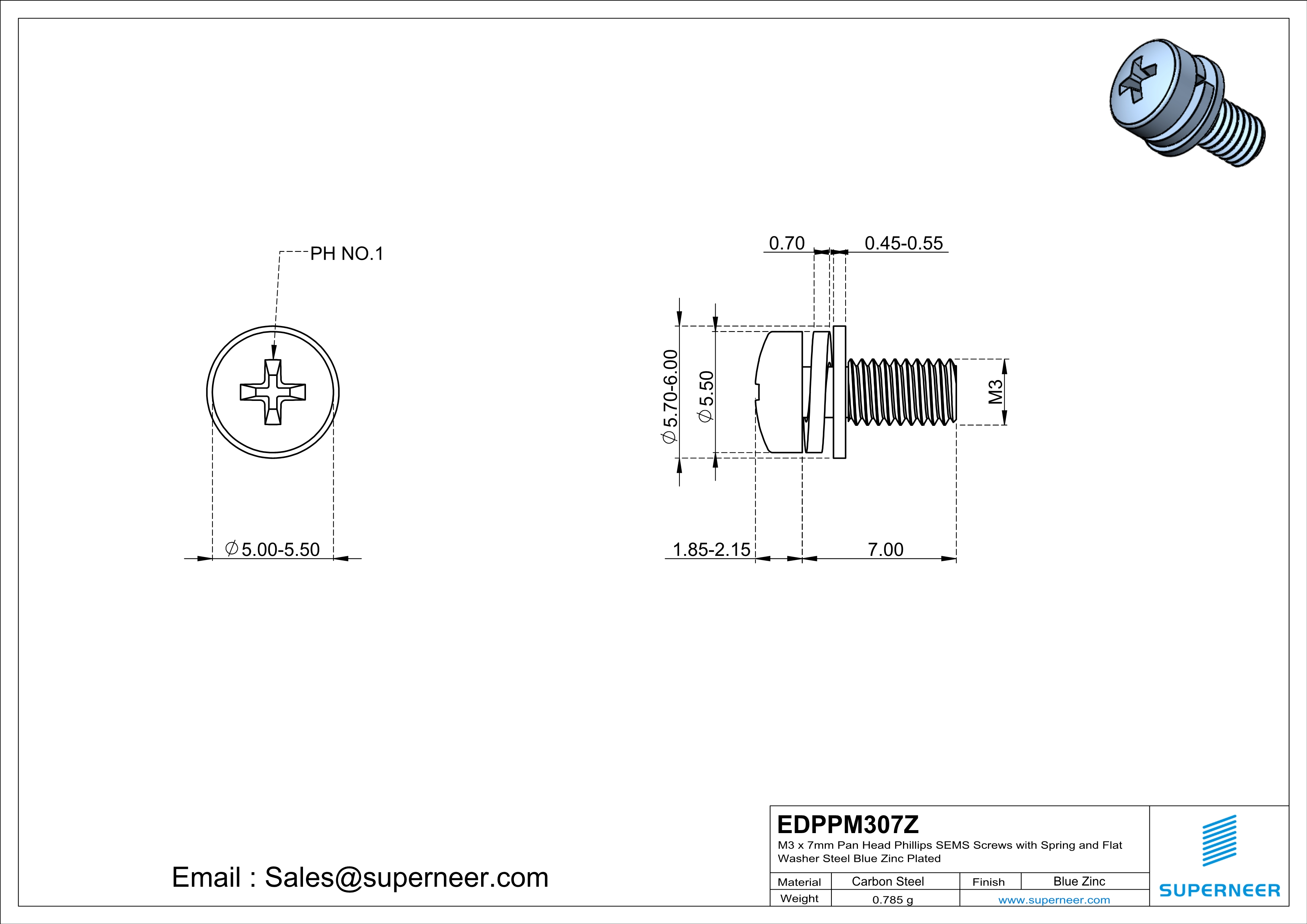 M3 x 7mm Pan Head Phillips SEMS Screws with Spring and Flat Washer Steel Blue Zinc Plated