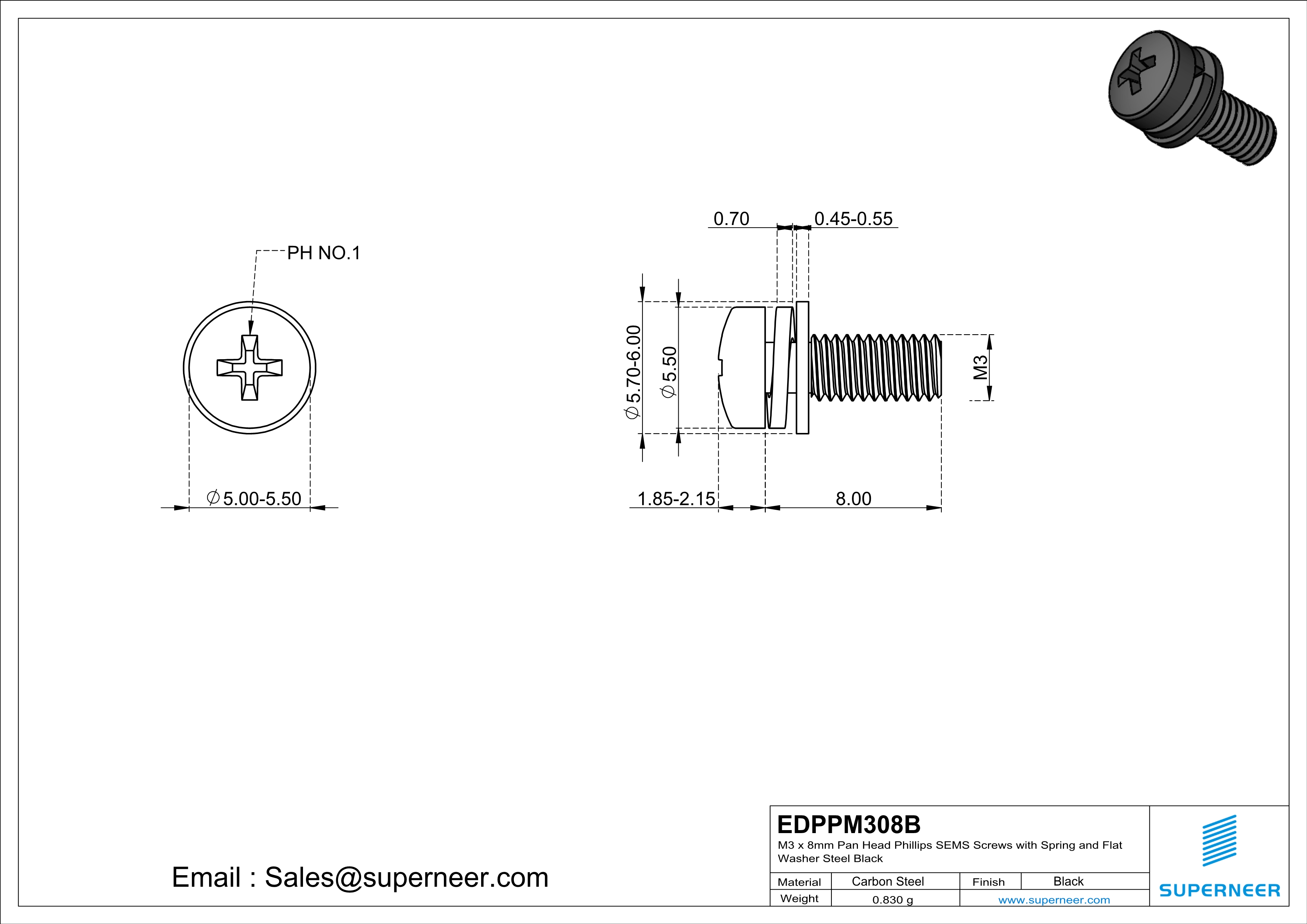 M3 x 8mm Pan Head Phillips SEMS Screws with Spring and Flat Washer Steel Black