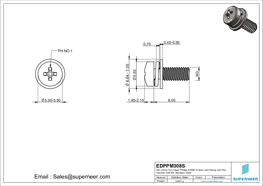 M3 x 8mm Pan Head Phillips SEMS Screws with Spring and Flat Washer SUS304 Stainless Steel Inox