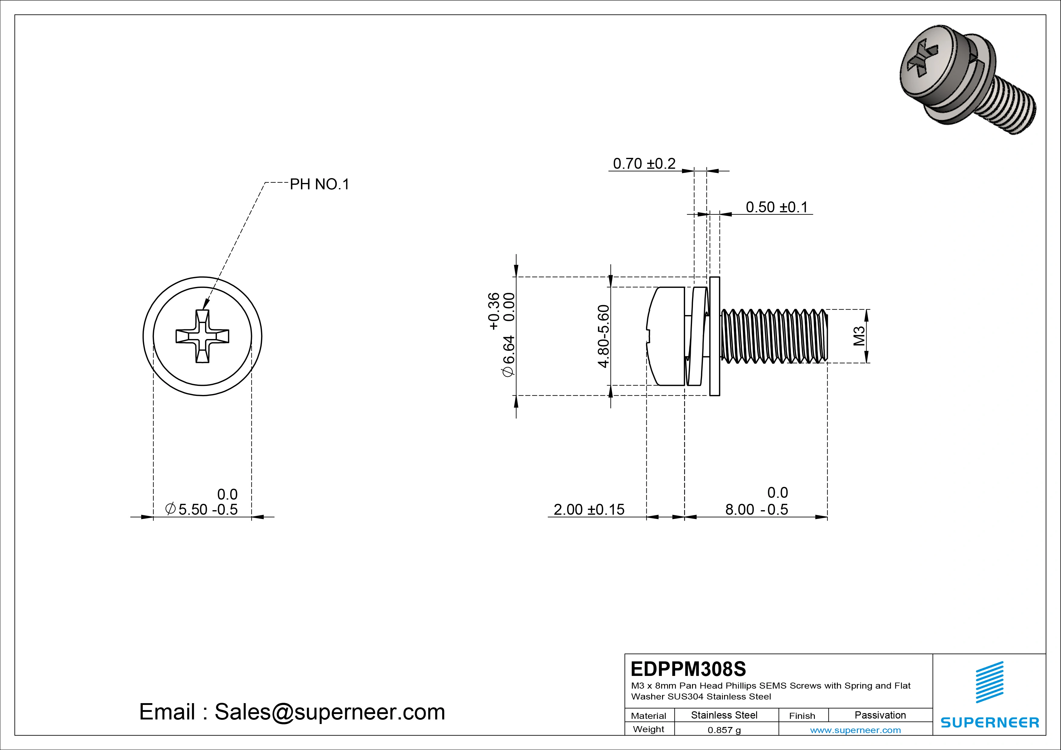 M3 x 8mm Pan Head Phillips SEMS Screws with Spring and Flat Washer SUS304 Stainless Steel Inox