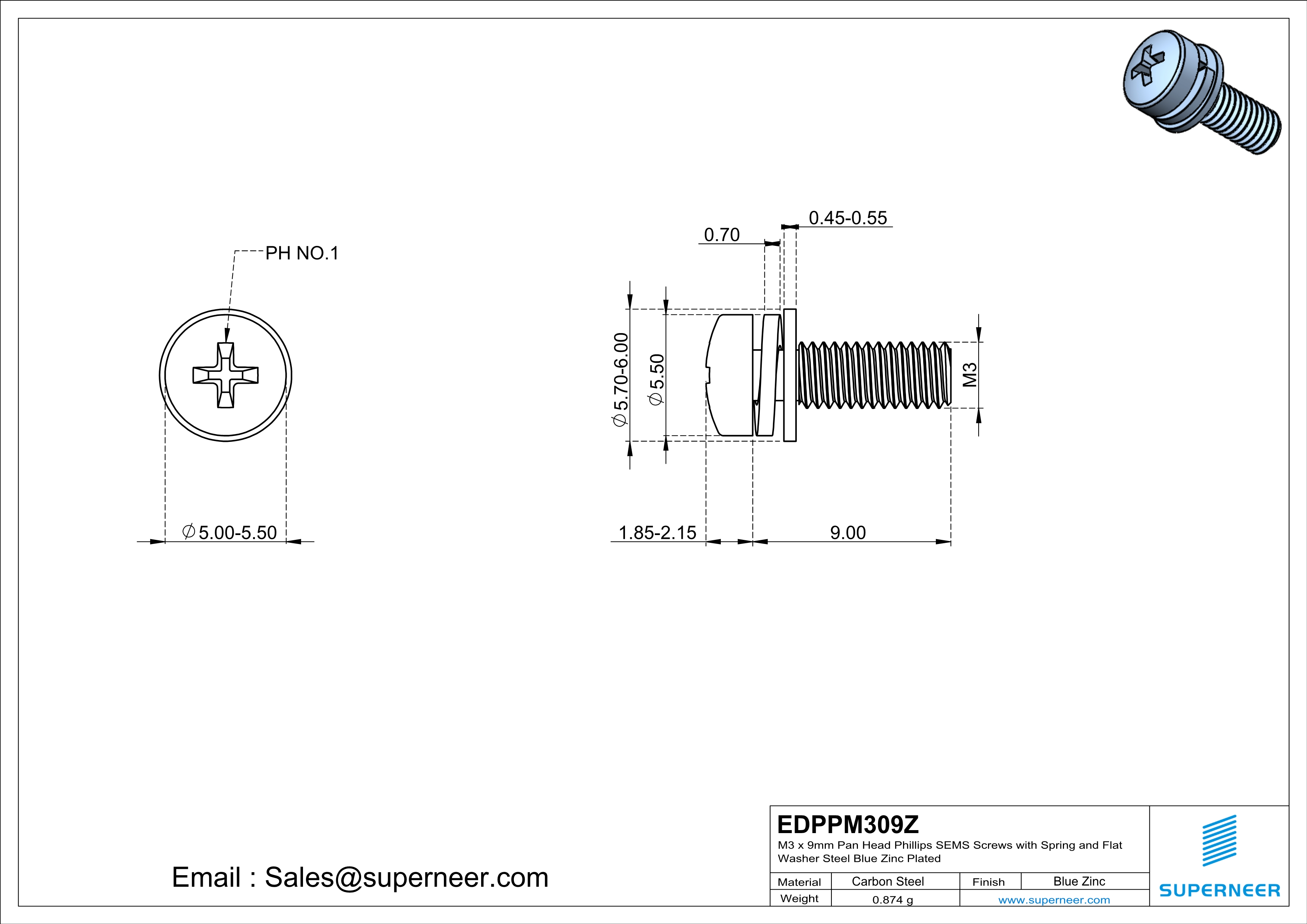 M3 x 9mm Pan Head Phillips SEMS Screws with Spring and Flat Washer Steel Blue Zinc Plated