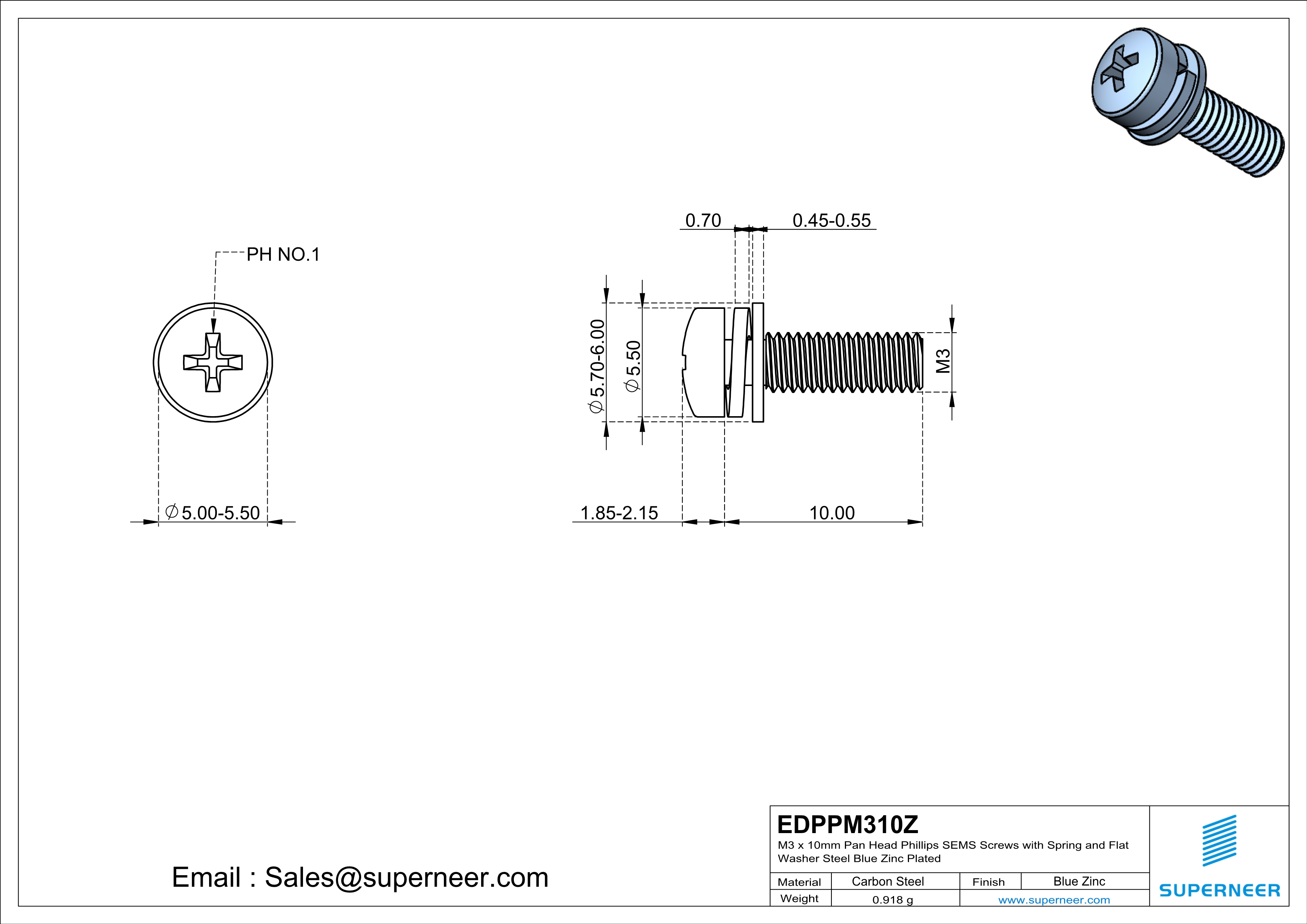 M3 x 10mm Pan Head Phillips SEMS Screws with Spring and Flat Washer Steel Blue Zinc Plated