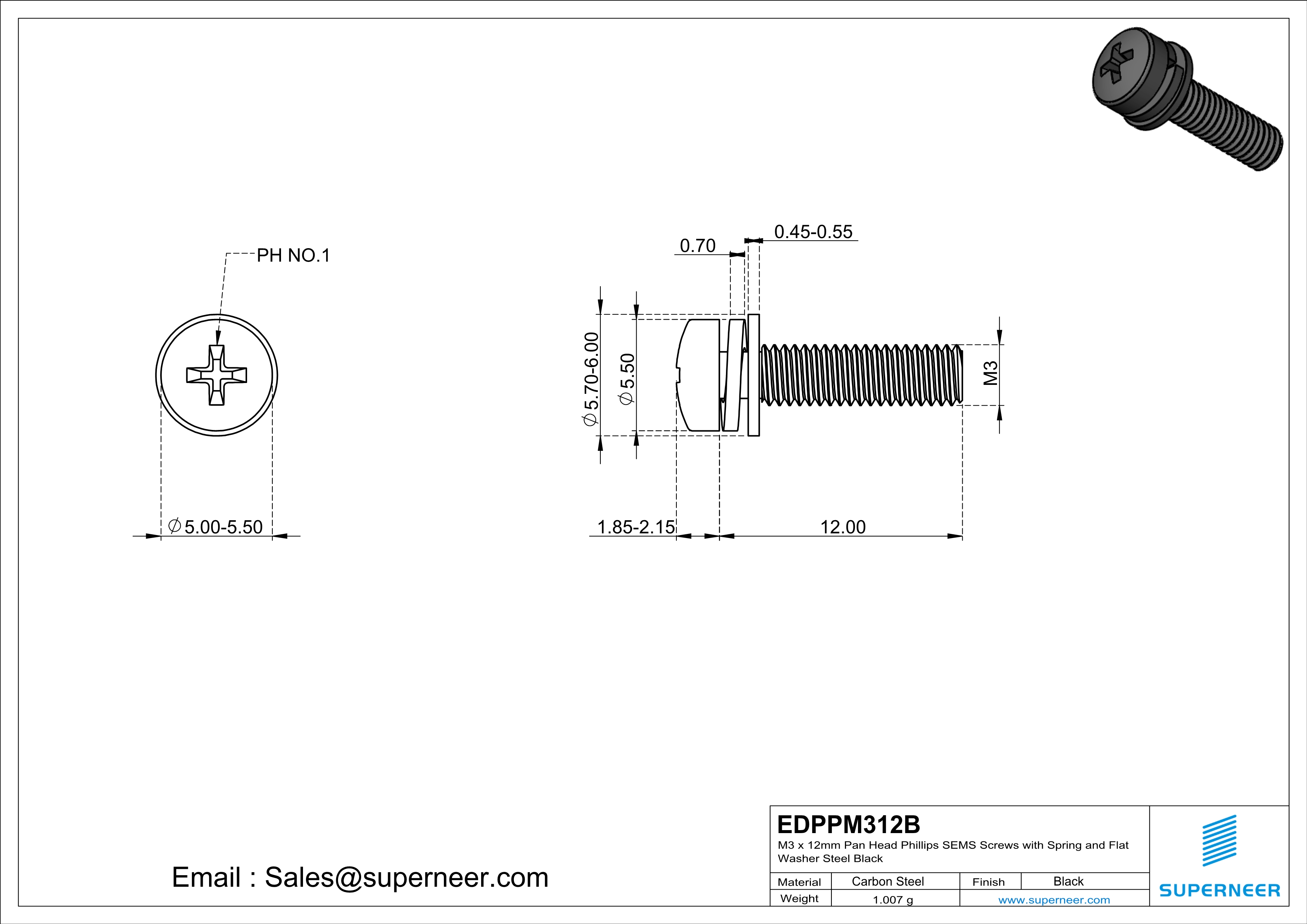 M3 x 12mm Pan Head Phillips SEMS Screws with Spring and Flat Washer Steel Black