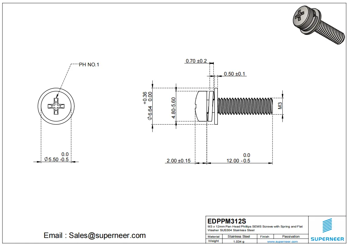 M3 x 12mm Pan Head Phillips SEMS Screws with Spring and Flat Washer SUS304 Stainless Steel Inox